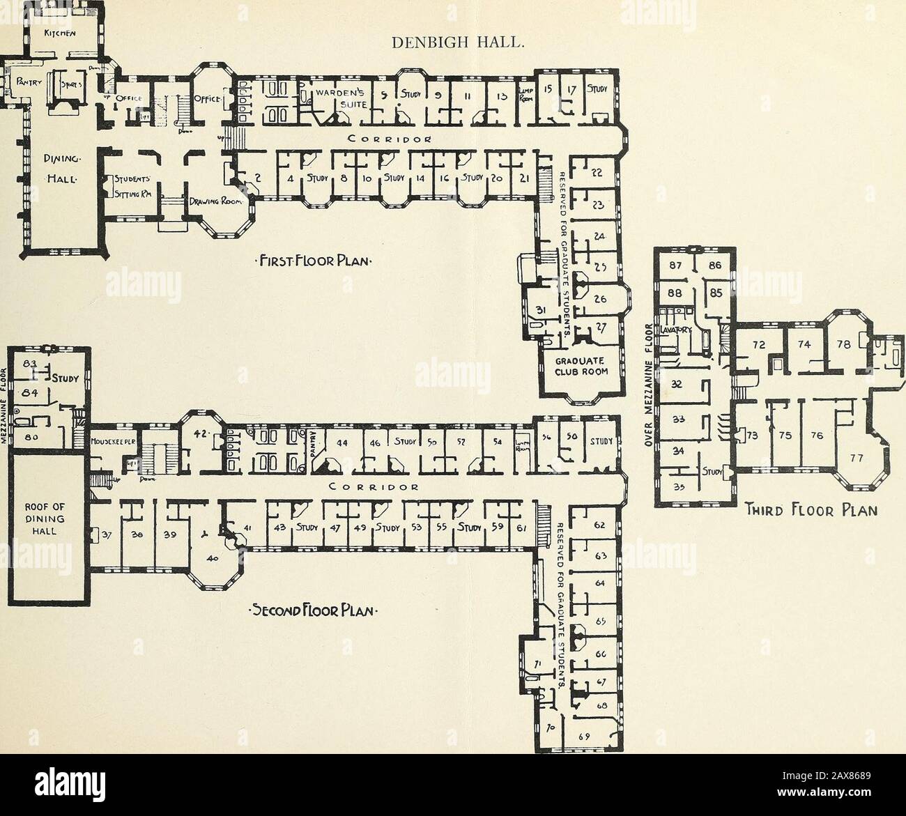 Academic buildings and halls of residence, plans and descriptions . l„ pf-ti—iA; DENBIGH HALL. Bents of Rooms. $75 a year, the single rooms 22, 23, 24, 25, 26, 27, 31, 62, 63, 64, 65, 66, 67, 68,69, 70, and 71, reserved for graduate students. $100 a year the single rooms 13, 21, 54, 61, 72, 80, 85, 86, 87, 88. $125 a year, the single rooms 32, 33, 76. $150 a year, the single rooms 11, 38, 41, 44, 52, 74. $175 a year, the single rooms 2, 39, and 75, and half of the set of three rooms46-50. $200 a year, the single rooms 37, 73, 77, and 78, and half of any one of thesets of three rooms 5-9, 43-47 Stock Photo