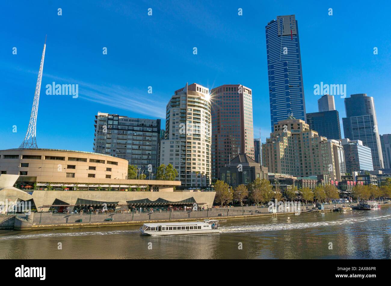 Beautiful Melbourne Southbank cityscape with Yarra river view on sunny day. Modern skyline with water view Stock Photo