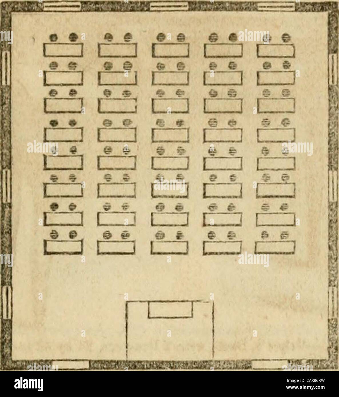 School funds and school laws of Michigan: with notes and forms . No. 11.—Double Desk with Falls and Chairs, 10 by 42 .^nd 20 by 4^ inch?. This arrangement allows a separate space for the booksand papers of each pupil, while both use a common Ink-well. These Chairs, like those represented in Nos. 9 and10, are furnished with a strong back brace, which adds totheir strength, though not to beauty. SCHOOL FURNITURE. 393. The above plan represents a Schoal-room 32 by 35 feet,with double Desk?t, 15 by 42 inches; outside aisles 3 feet,and interniediate aisles 1 foot 3 inches wide. A room ofthis size w Stock Photo