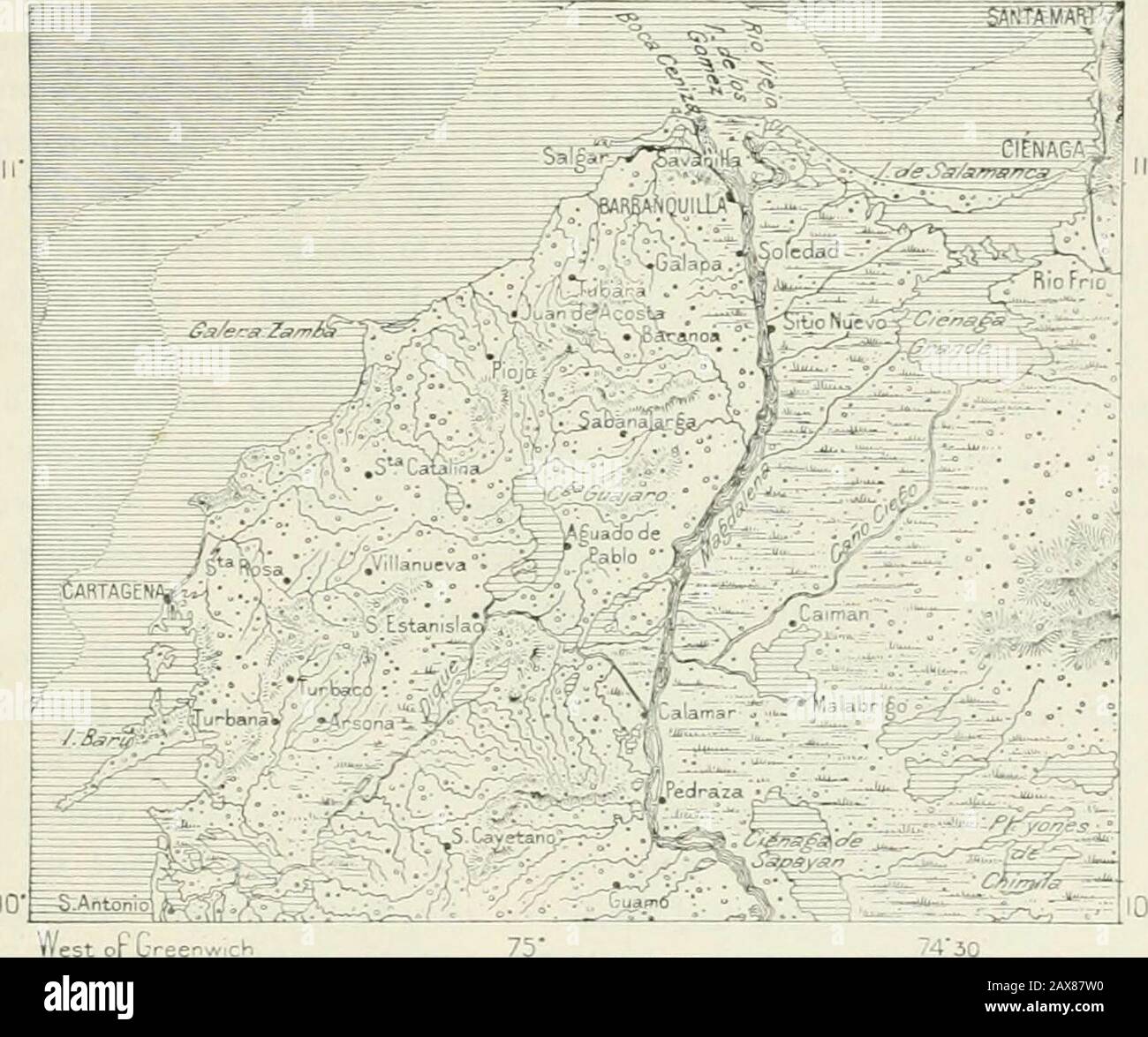 The earth and its inhabitants .. . misguiding expression,Salto de Virginia, applied to the incline. Here begins the unnavigable sectionwhich, in the space of 386 miles, has a total fall of 2,660 feet without a singlecascade, but with many rapids, eddies, foaming waters, reefs, and gorges. Atcertain points the stream is narrowed to about 100 feet between sedimentary rocky THE RIO CAUCA. 155 walls, across which bridges of trailing plants have been thrown, Indian fashion.One of these, on the route between Medellin and Antioquia, is no less than 750feet long from bank to bank. Beyond the last esca Stock Photo