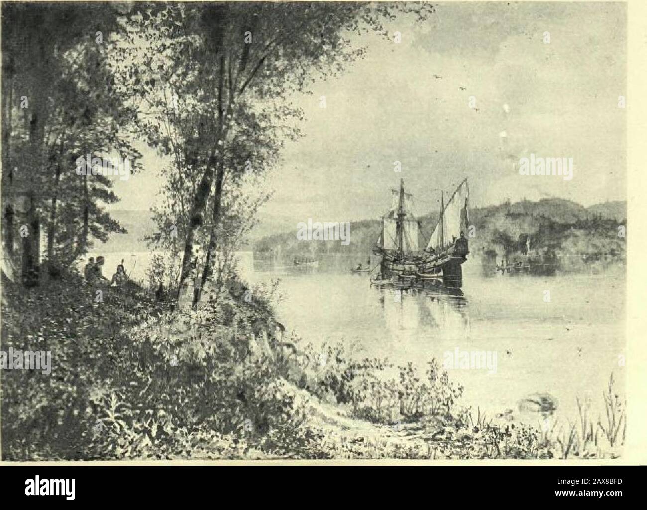 Literary New York . The Half-Moon on the Hudson—1609. From the painting by L. W. Seavby. LITERARYNEW YORK Its Landmarks andAssociationsldpd 6200073 000 Stock Photo