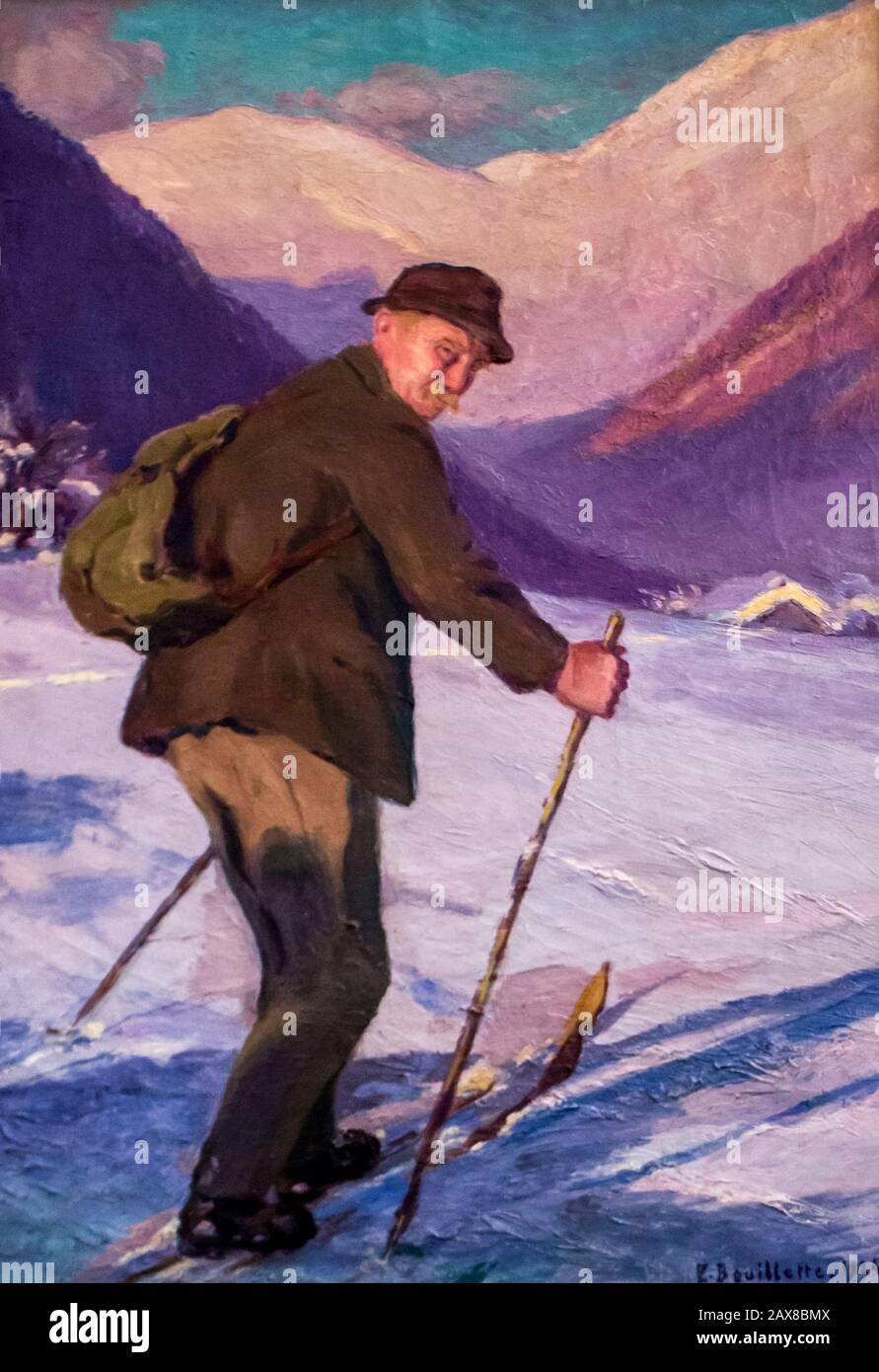Musée Alpin Chamonix : Joseph RAVANEL 'Le Rouge' in 1924,painting by Edgard BOUILLETTE (1872-1960).RAVANEL made the first ski crossing between Chamonix and Zermatt in 1903 with Dr. Michel PAYOT Stock Photo