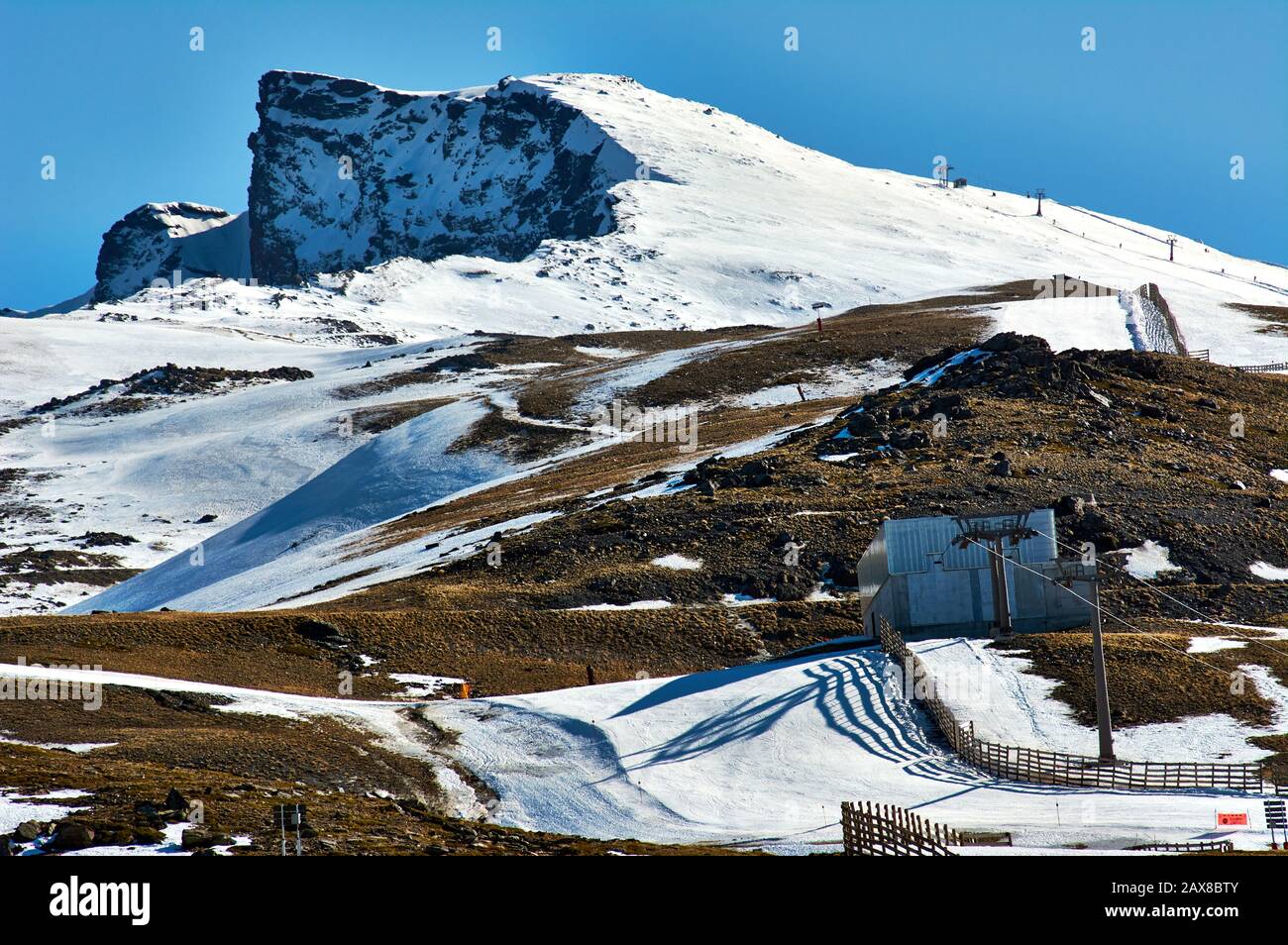 View of the Ski Resort of Sierra Nevada in Granada Spain, In the low Snow season. Using artificial Snow cannons Stock Photo