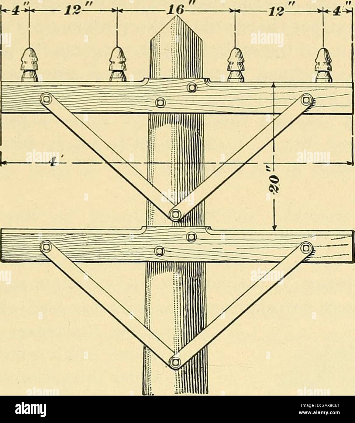 Electric engineering.] . ires to be carried, andtherefore the number of  cross-arms, determines to someextent the general height of the pole to be  used. 5. Spacing of Poles.—Practice varies as to the
