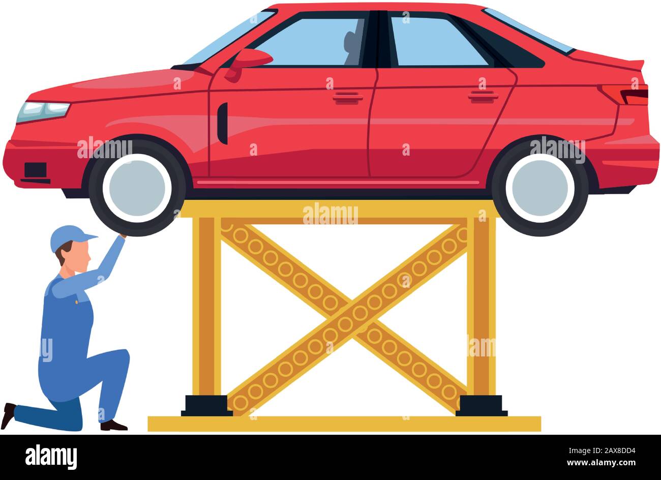 mechanic under a lifted car fixing it, flat design Stock Vector Image ...