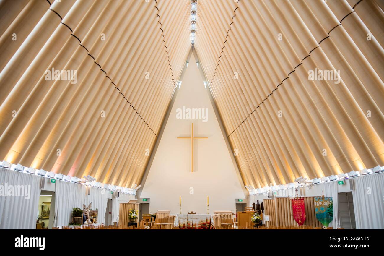 Interior of the Transitional Cathedral of Christchurch, constructed from repurposed materials and dubbed the 'Cardboard Cathedral' Stock Photo