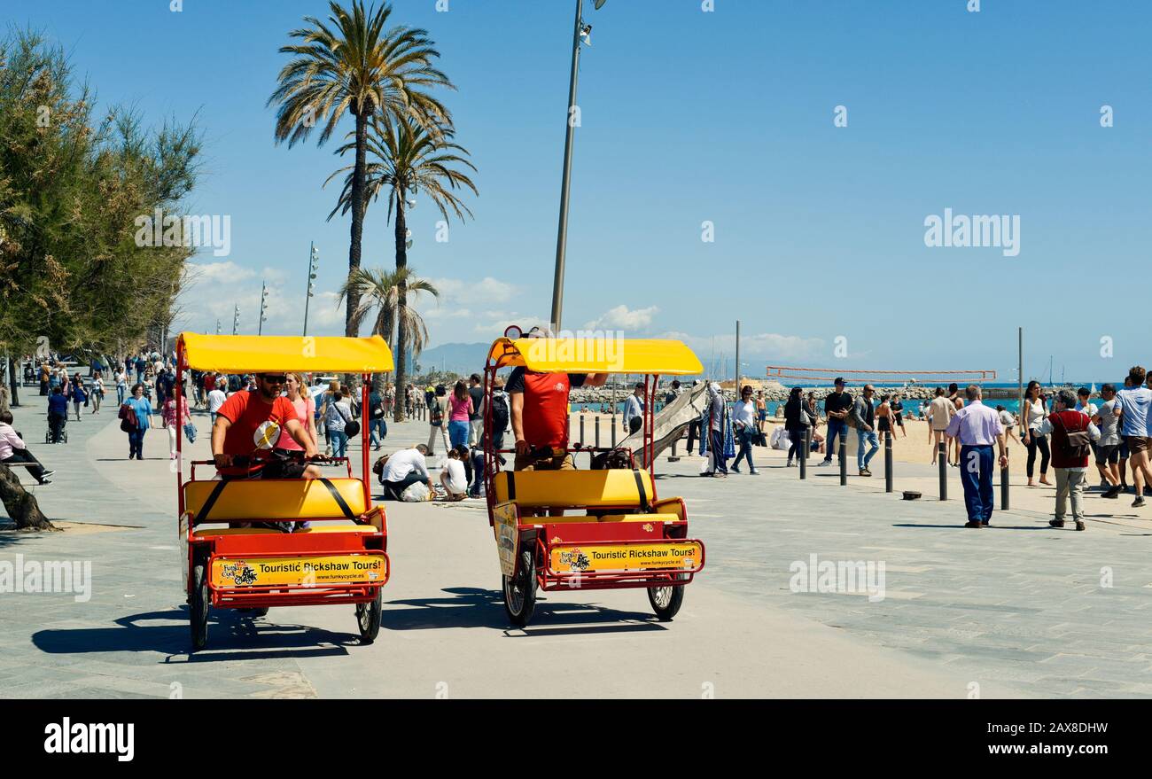 BARCELONA, SPAIN MAY 7, 2017 A view of the crowded seafront of the