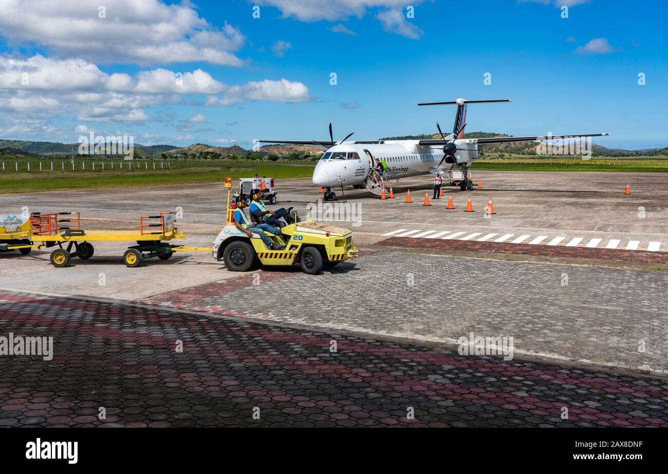 January 4, 2020: Airplane parking on Busuanga (Coron) airport, Philippines. Stock Photo