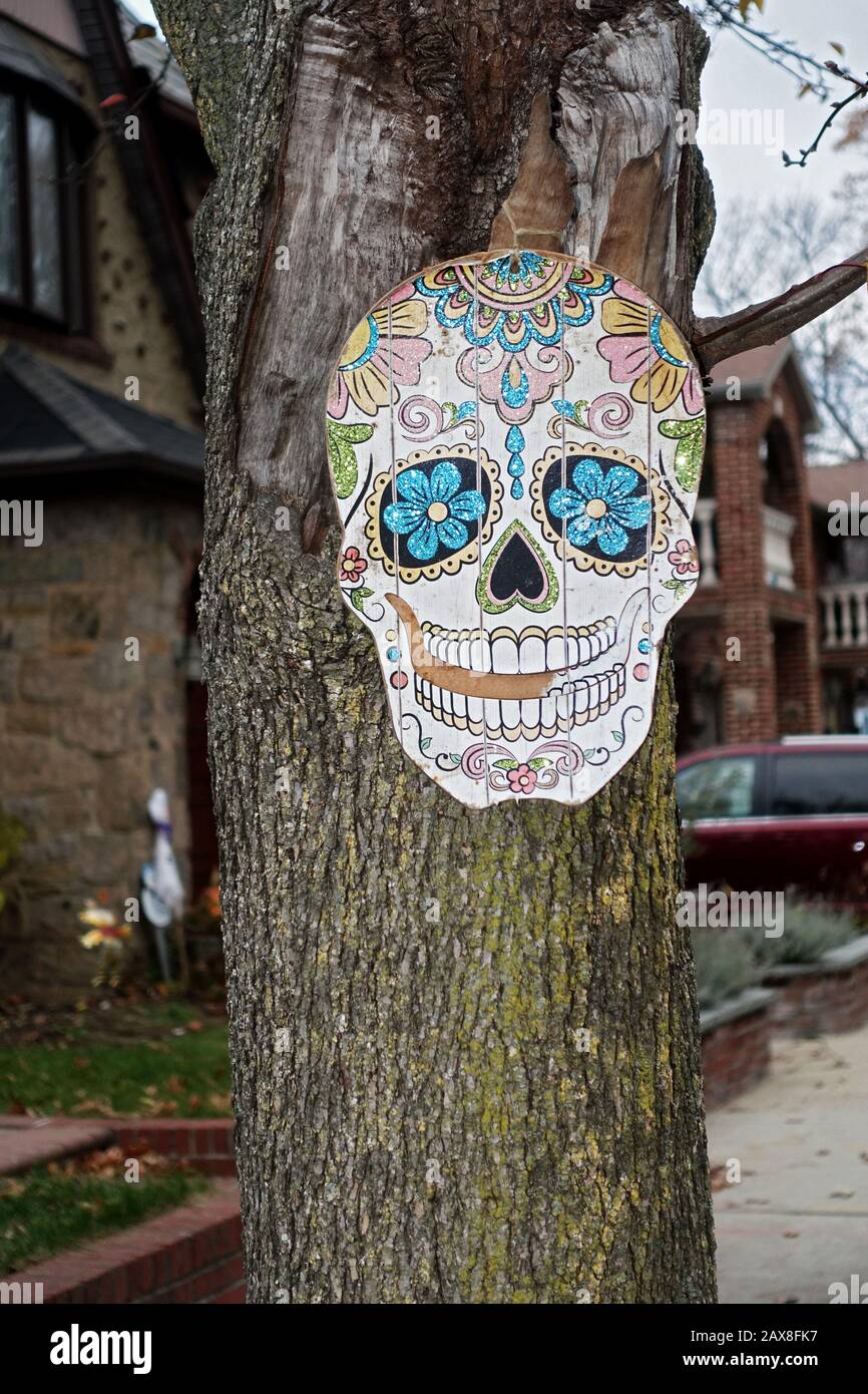 A Day of the Dead mask hanging from a tree right around Halloween. In Flushing, Queens, New York. Stock Photo