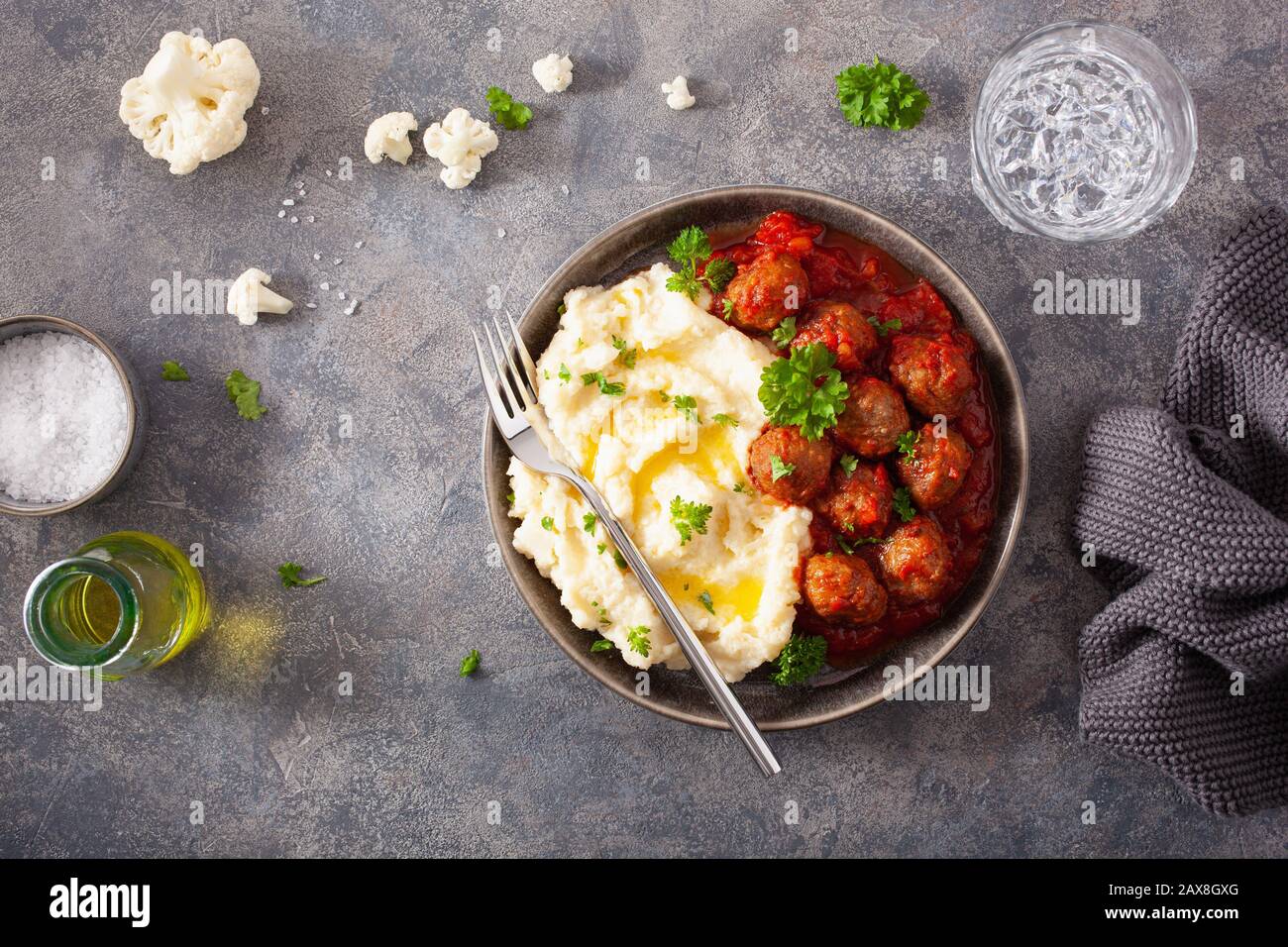 keto paleo diet lunch mashed cauliflower with meatballs Stock Photo Alamy