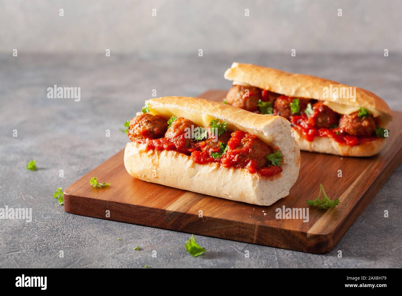 meatball sub sandwich with cheese and marinara tomato sauce. american italian fast food Stock