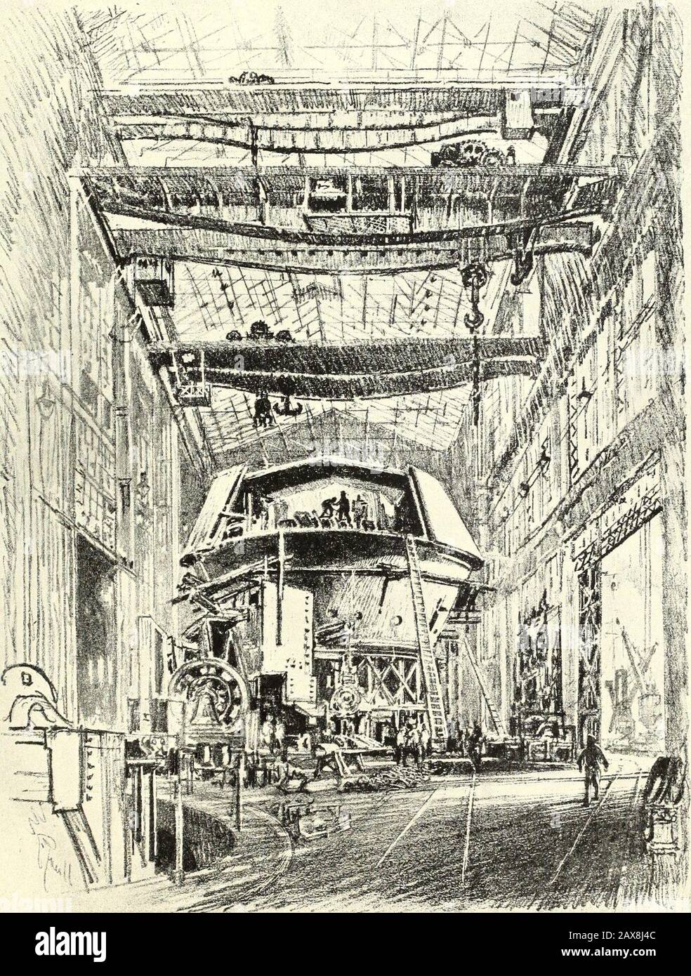 Joseph Pennell's pictures of war work in England, reproductions of a series of drawings and lithographs of the munition works made by him with the permission and authority of the British government . XXXVIIBUILDING THE GREAT TURRET XXXVII BUILDING THE GREAT TURRET STORY above story, all glass and iron, rises theshop where the great turrets are built, and belowthe floor in deep pits their bases stand. This is theother end of the shop in the previous picture. Theopen part of the turret made a design—the Pediment ofWar and Labour. Here was the Greek idea carried outby British workmen, and no Brit Stock Photo