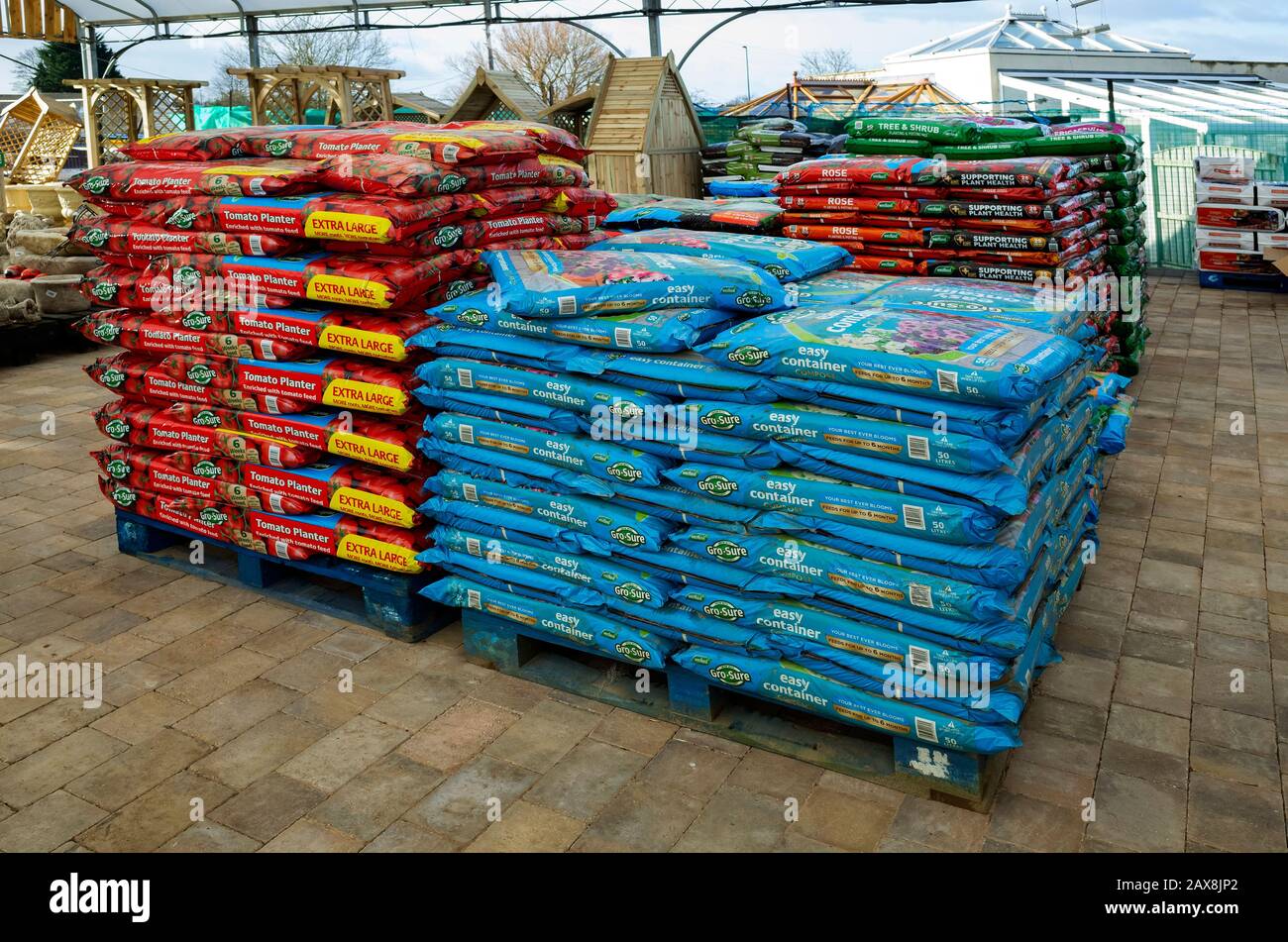 A display of  large Gro Sure Tomato Planter Packs and easy container compost in a garden centre used for growing tomato plants Stock Photo