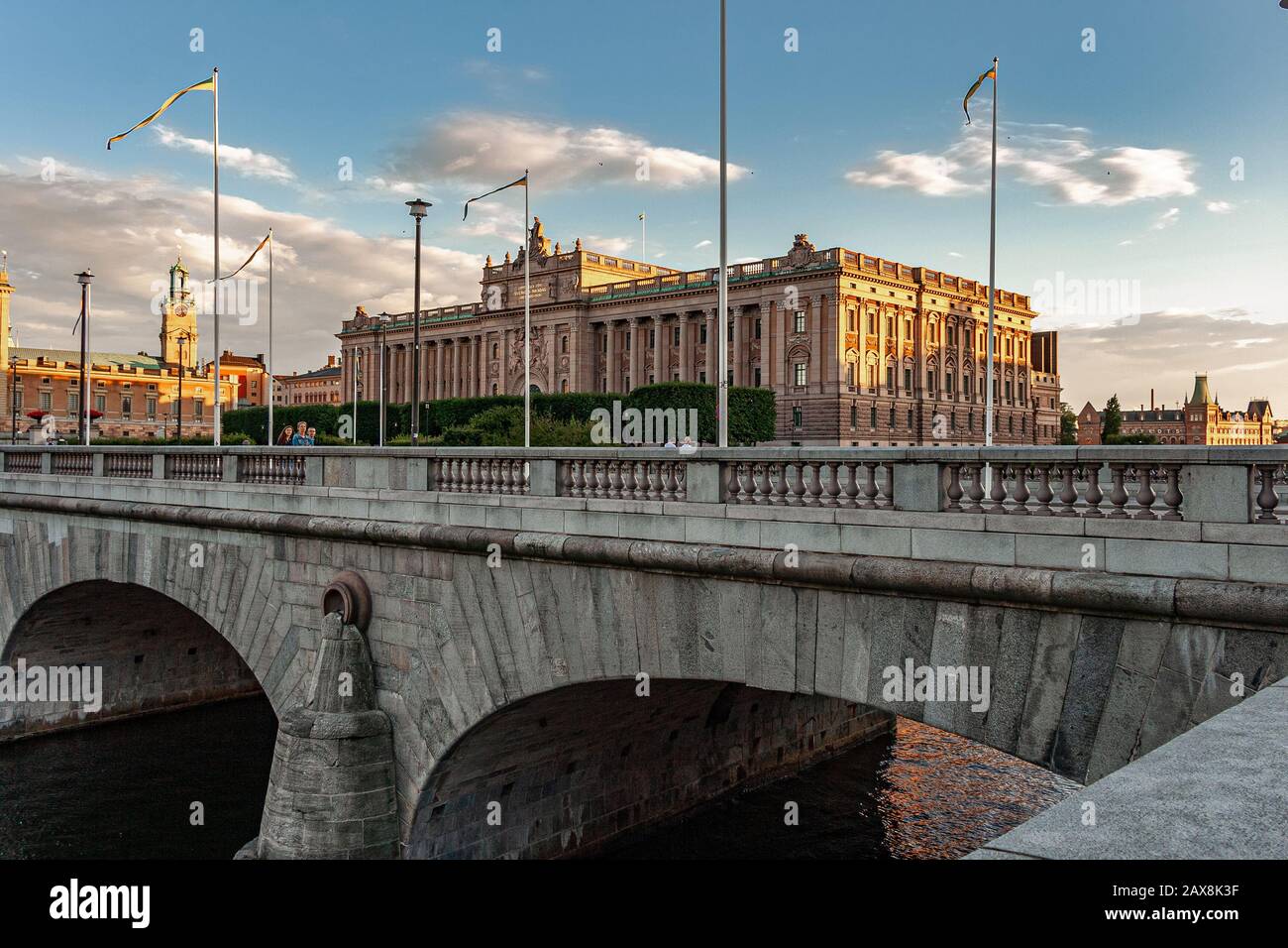 Riksdag, Parliament Building and Norrbro Bridge In Stockholm Stock Photo