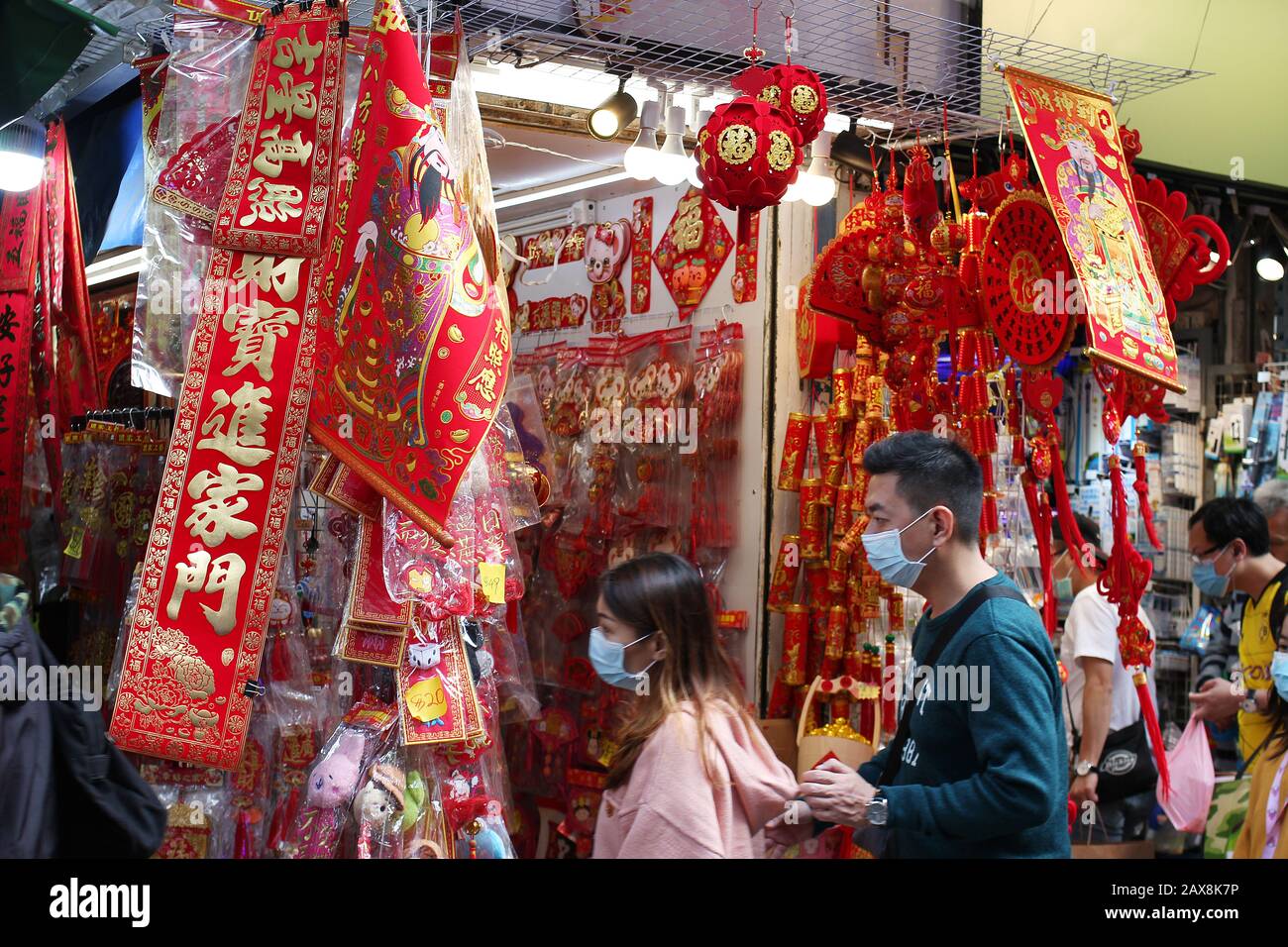 Shoppers wth Face Mask in Mongkok, Hong Kong during Outbreak of Coronavirus, 2020. Stock Photo