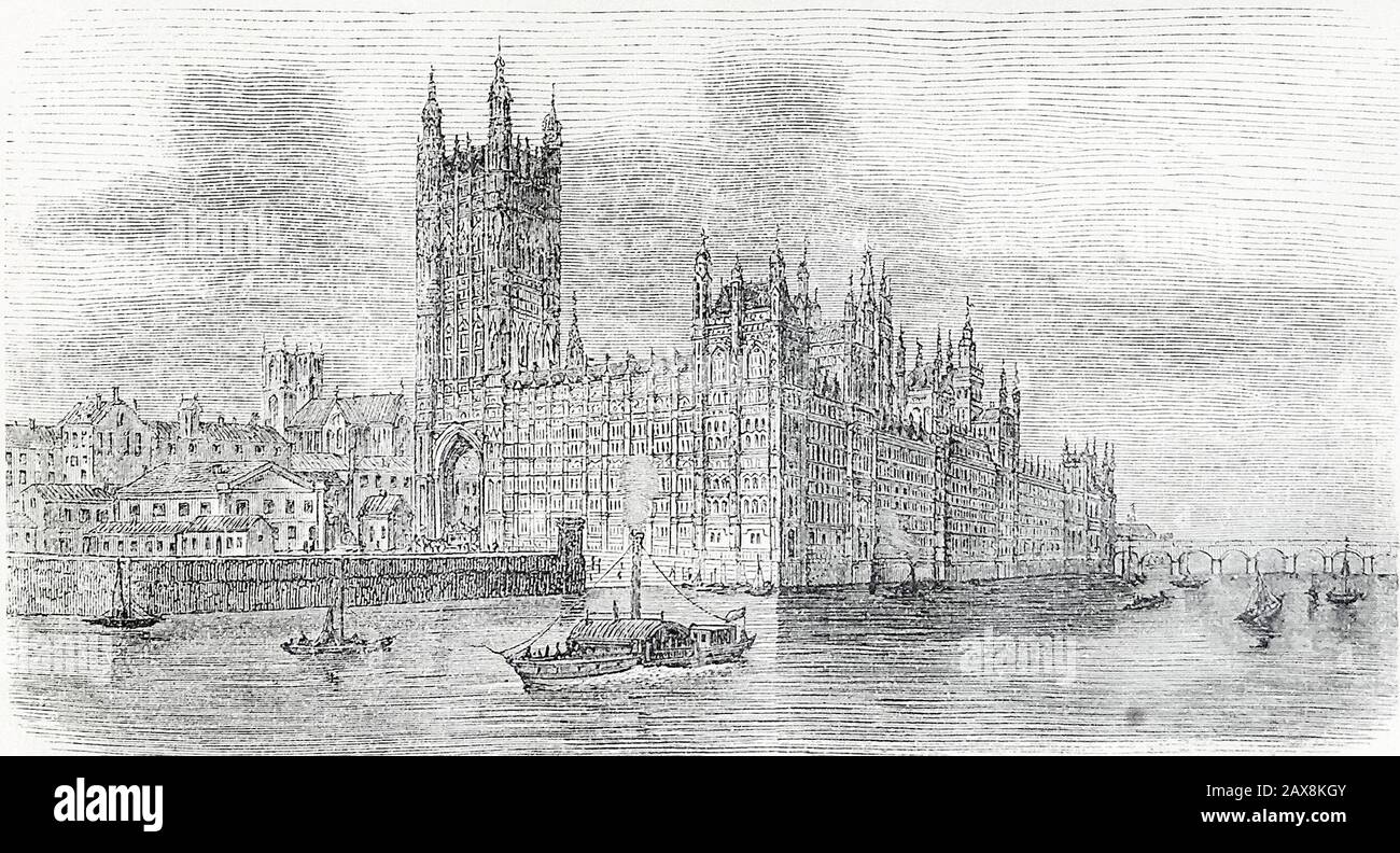 Houses of Parliament (the Palace of Westminster). Engraving of the 19th century. Stock Photo