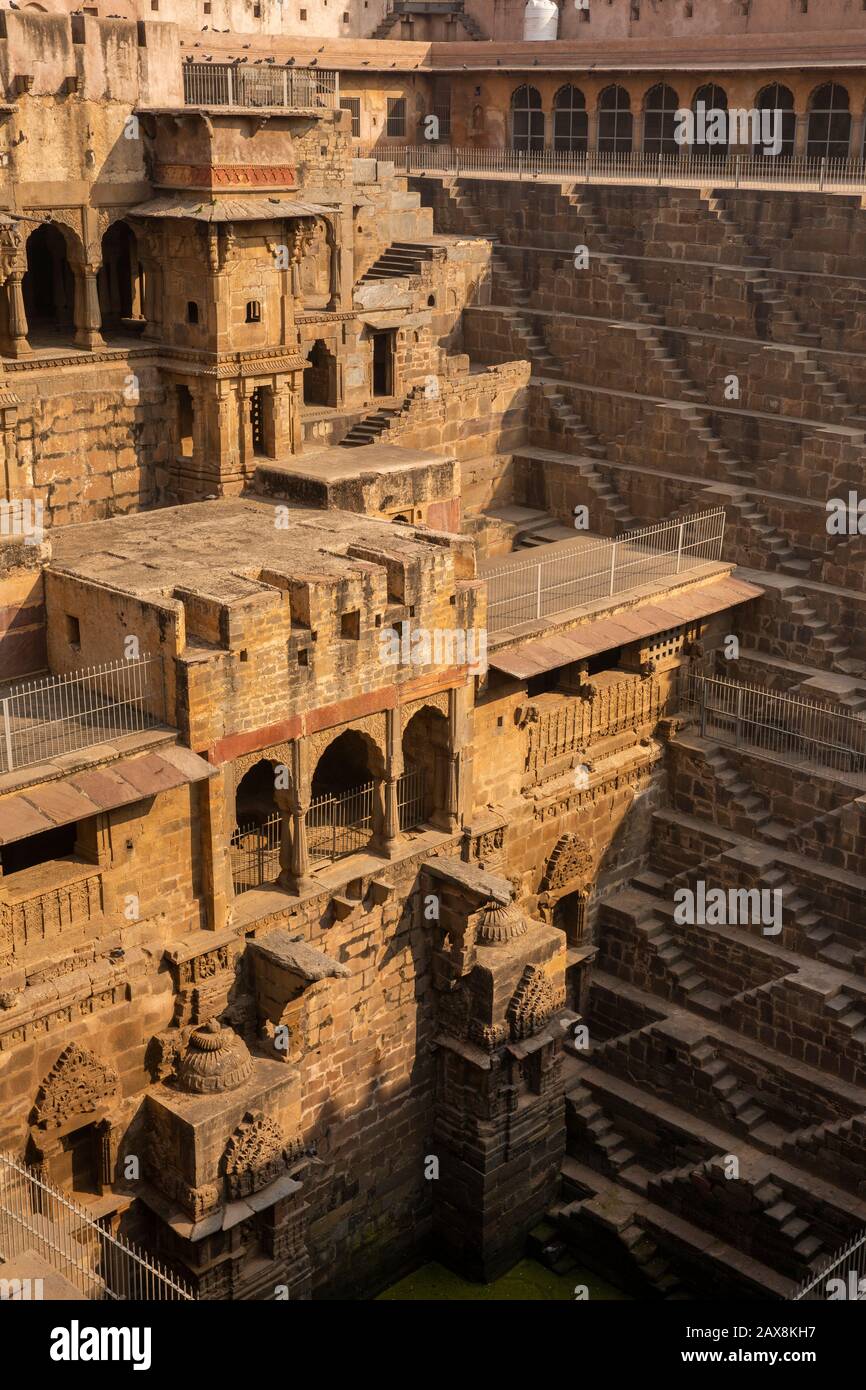 India, Rajasthan, Abhaneri, Chand Baori Stepwell, named after a local ruler called Raja Chanda, Upper Palace building Stock Photo