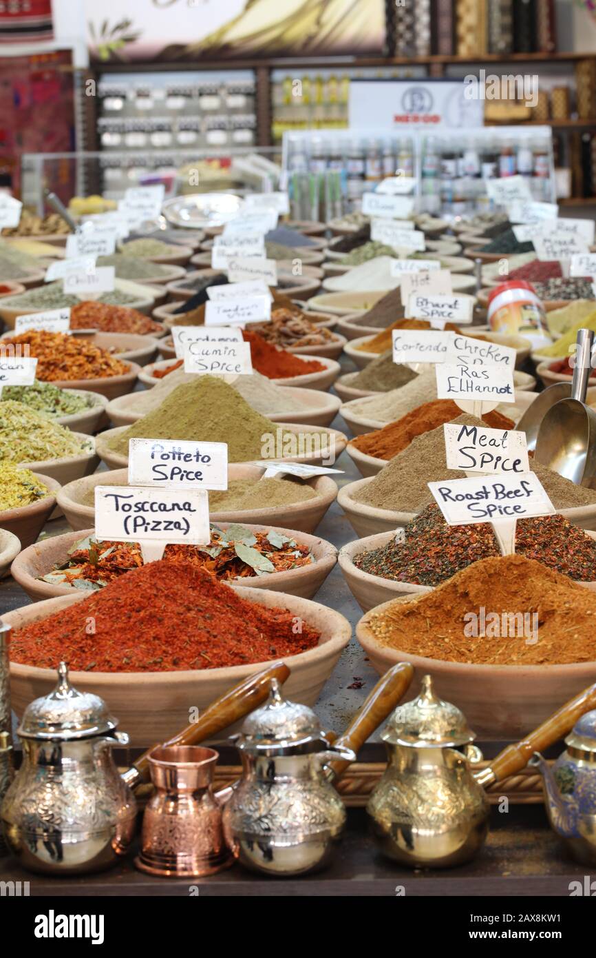 Many kinds of Seasoning and tea pots in the old city of Jerusalem Arab market Stock Photo