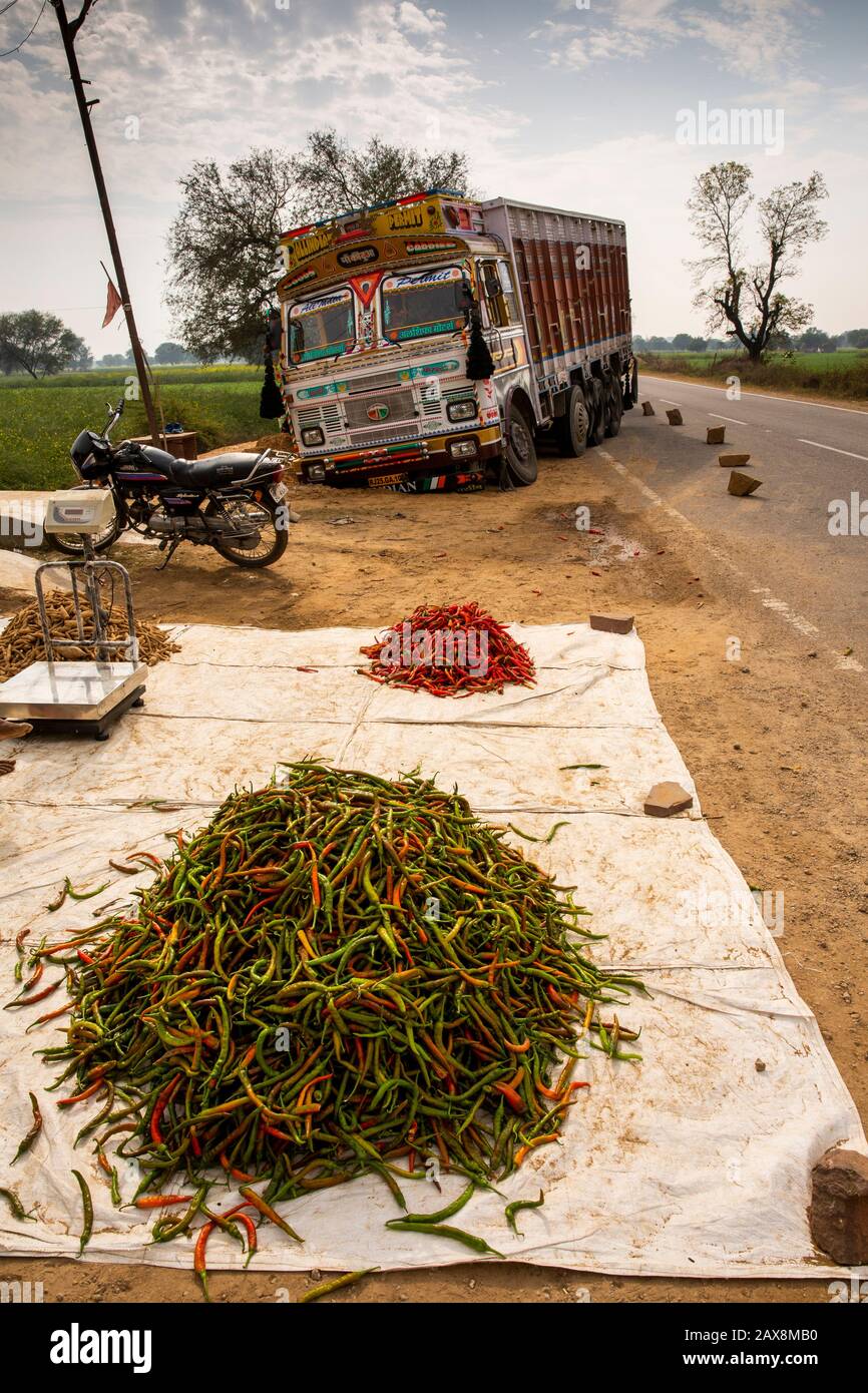 India, Rajasthan, Hindaun, truck up to axle in sand near chilli stall, after running off road Stock Photo