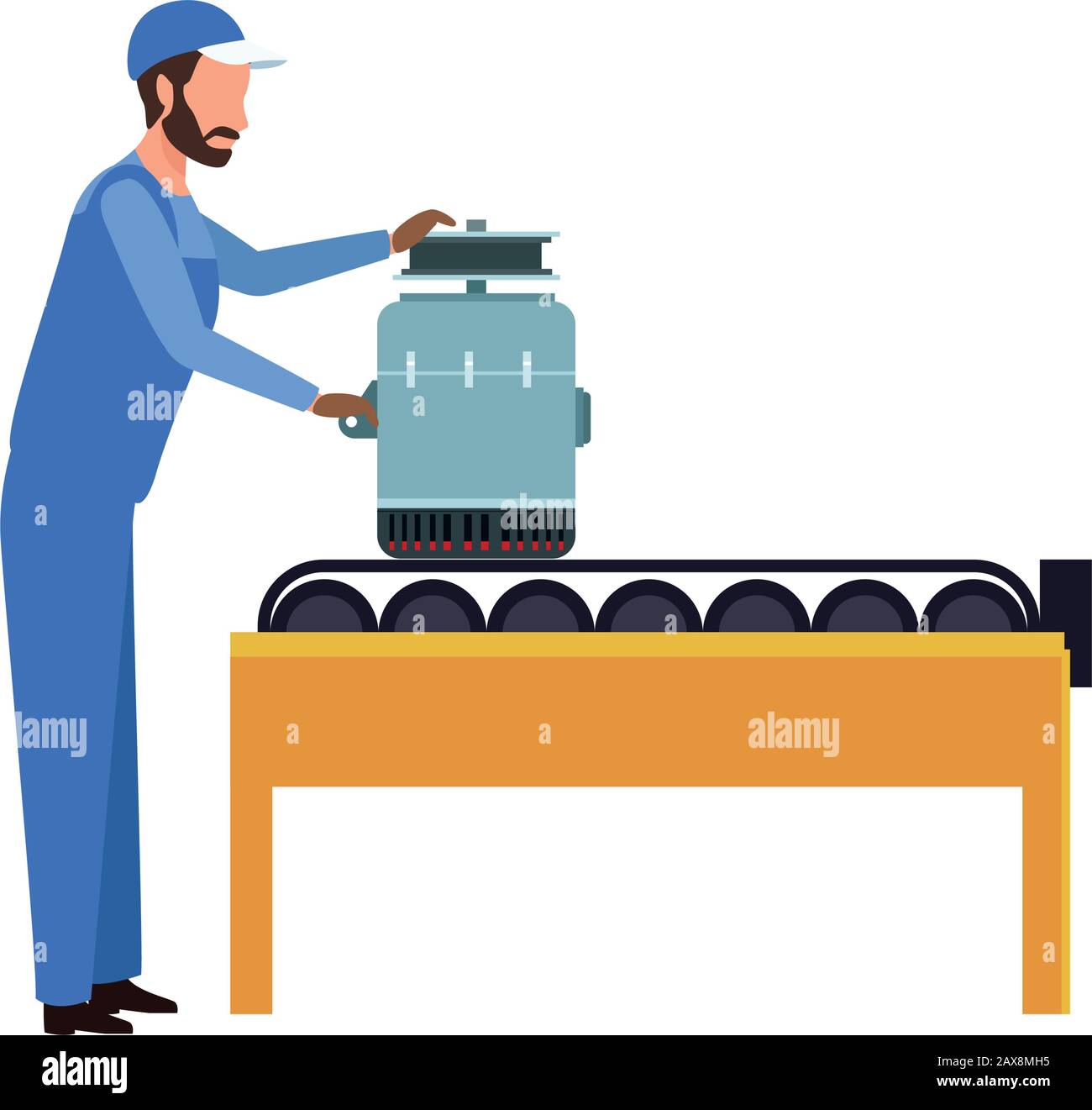 mechanic putting a car alternator on Transporter band machine Stock