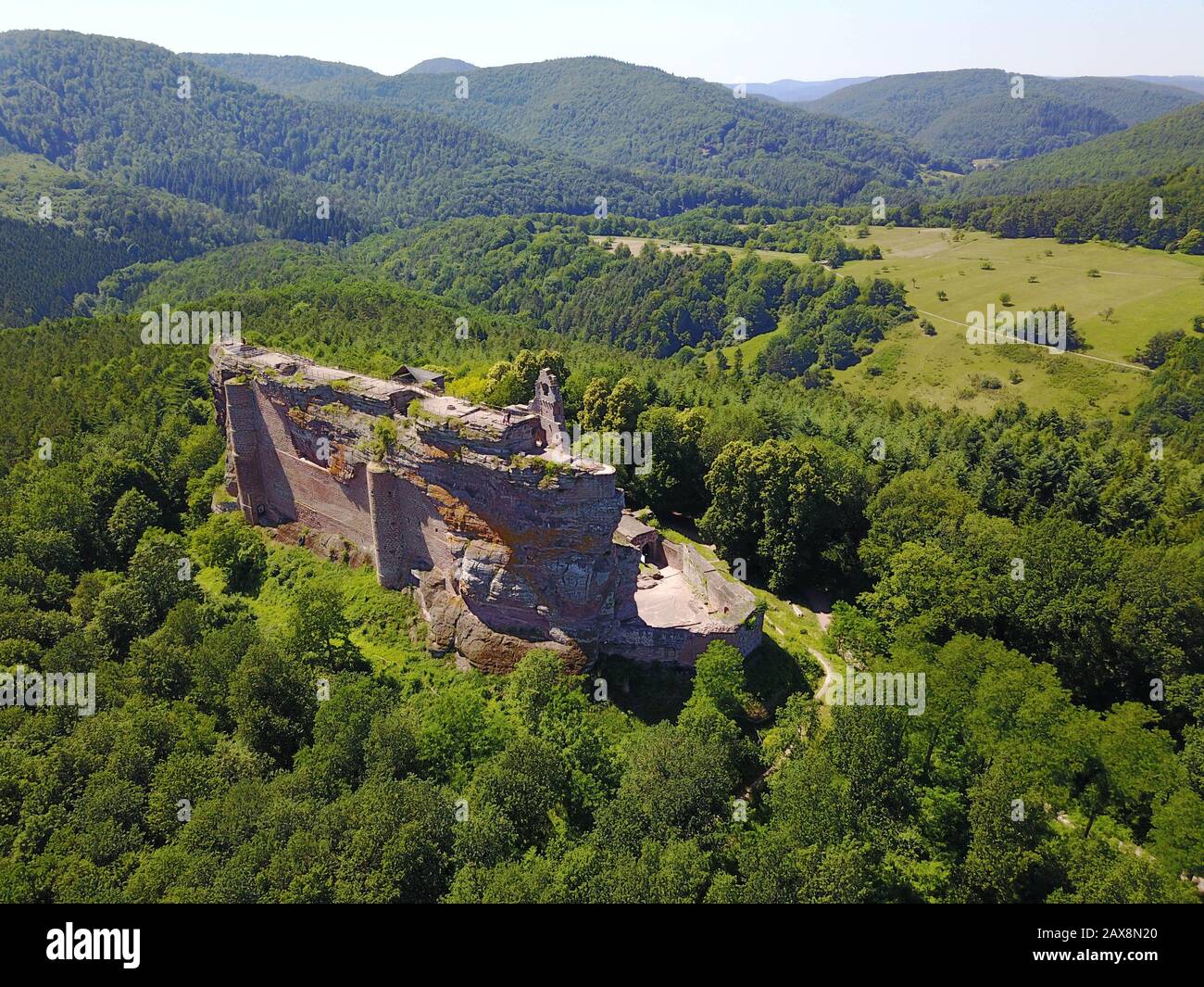 Aerial view of the Fleckenstein castle in the middle of the forest, Alsace France Stock Photo