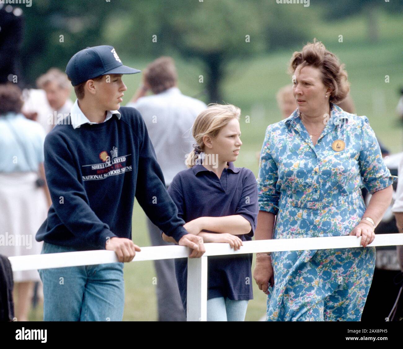 Peter Phillips, Zara Phillips and Davina Cannon (Press officer) at the Windsor Horse Trials, England 1989. Stock Photo