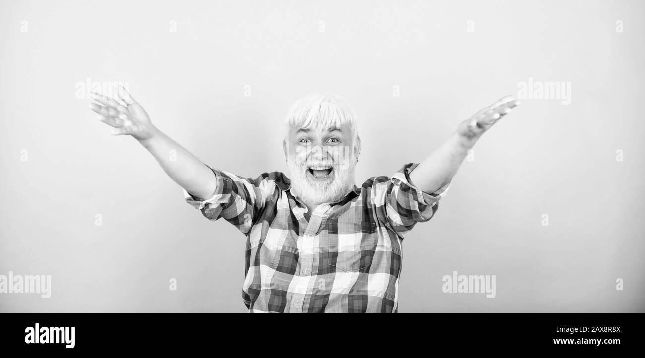 Positive emotion. Successful hipster lucky guy. Grandpa happy cheerful joyful. Finally retirement. Successful pensioner. Satisfied achieved success. Life goals. Successful man celebrating achievement. Stock Photo