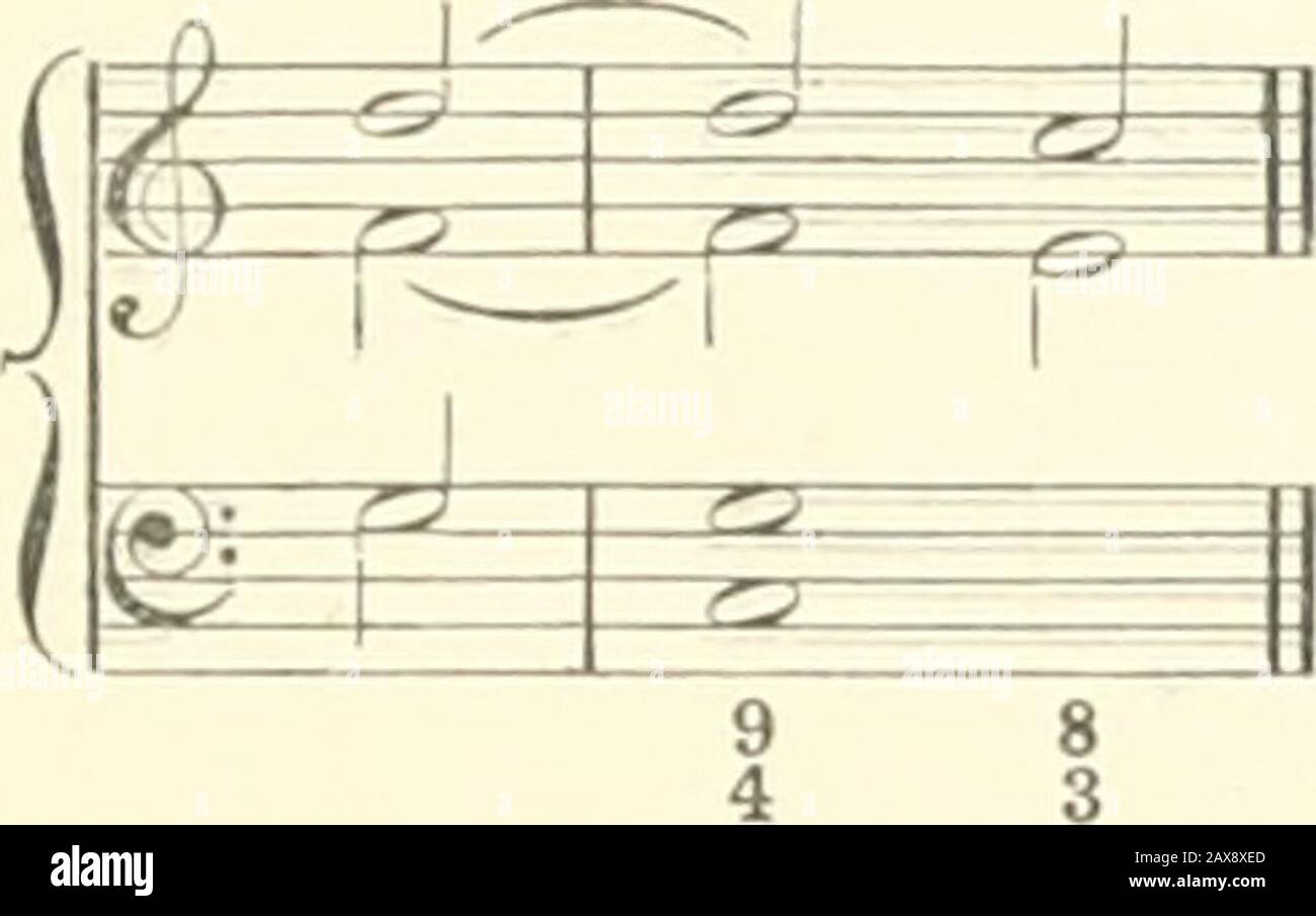 Harmony, with an appendix containing one hundred graduated exercises . 221 :^ 12^ 321 =?z: 7 64-2- 9 8 4 3 ^^ :S?2: VI. 4 3 6 76 6 4— 53- 9 8 9 8 6- 5 4 ^^E&^=^ rir r :a= 7 64-3- 7 64-3- 9 8 :f=F :& ^ S :^ 6 4 6 7 64 2 3- 4 5-54 6-652 2-32 5643 -:^:- 8i CHAPTER XI. 122. When two notes are suspended the chord is termed aDouble Suspension. When three notes are suspended thechord is called a Triple Suspension. Double and triple suspensions are formed by the combinationof those already learnt by the pupil—namely, 9 to 8, 4 to 3, and7 to 8. Ex. 120. Ex. 121. Ex. 122. m  L f -r:)- m i s ^ g&gt; i ? Stock Photo