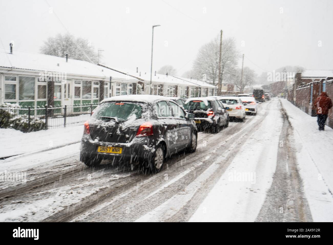 Heavy traffic on Anchor road due to a sudden snow blizzard in Stoke on