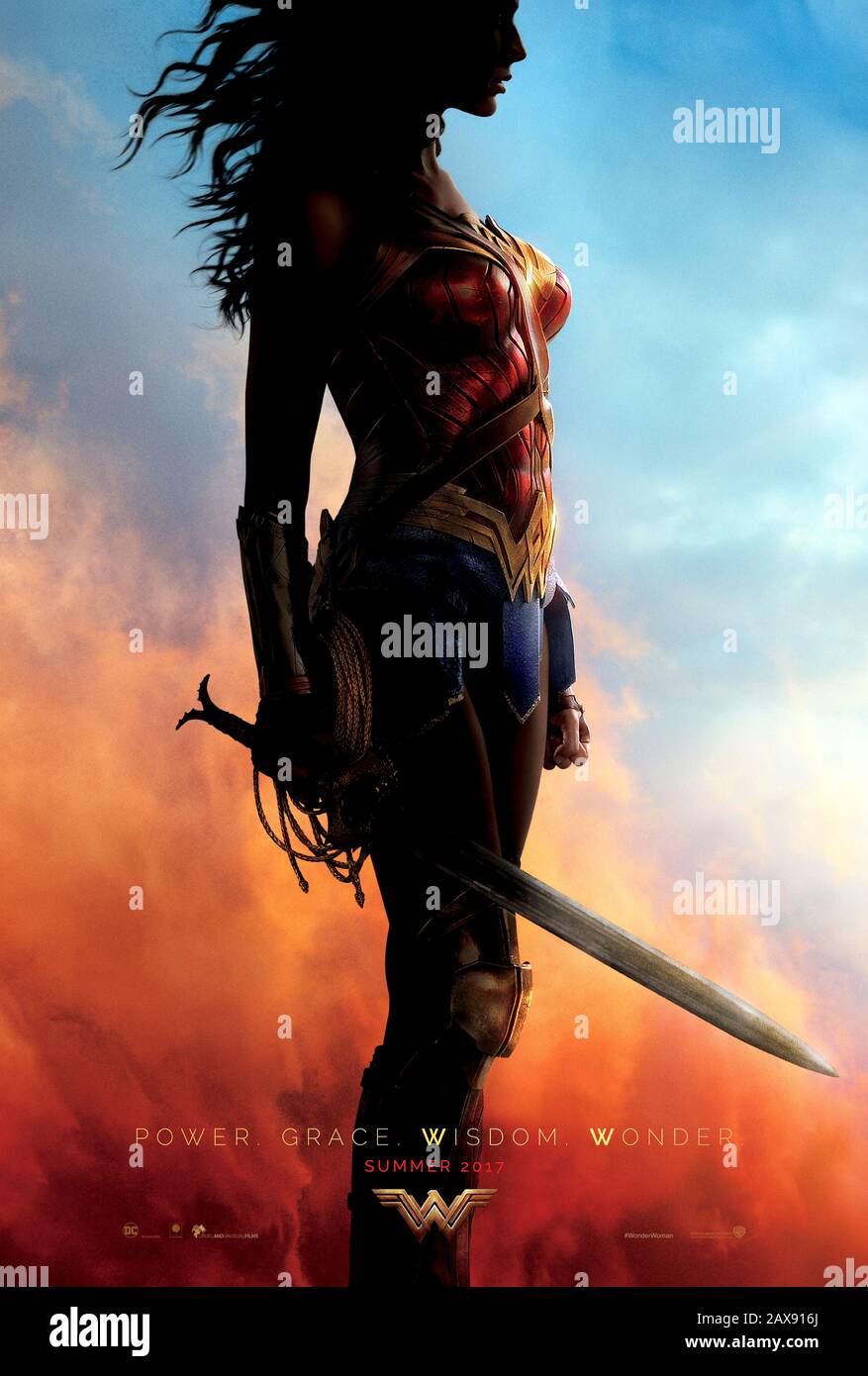 Wonder Woman (2017) directed by Patty Jenkins and starring Gal Gadot, Chris Pine, Robin Wright, Ewen Bremner and Connie Nielsen. DC Comics Amazonian warrior Diana hits the big screen and helps humanity during World War I. Stock Photo