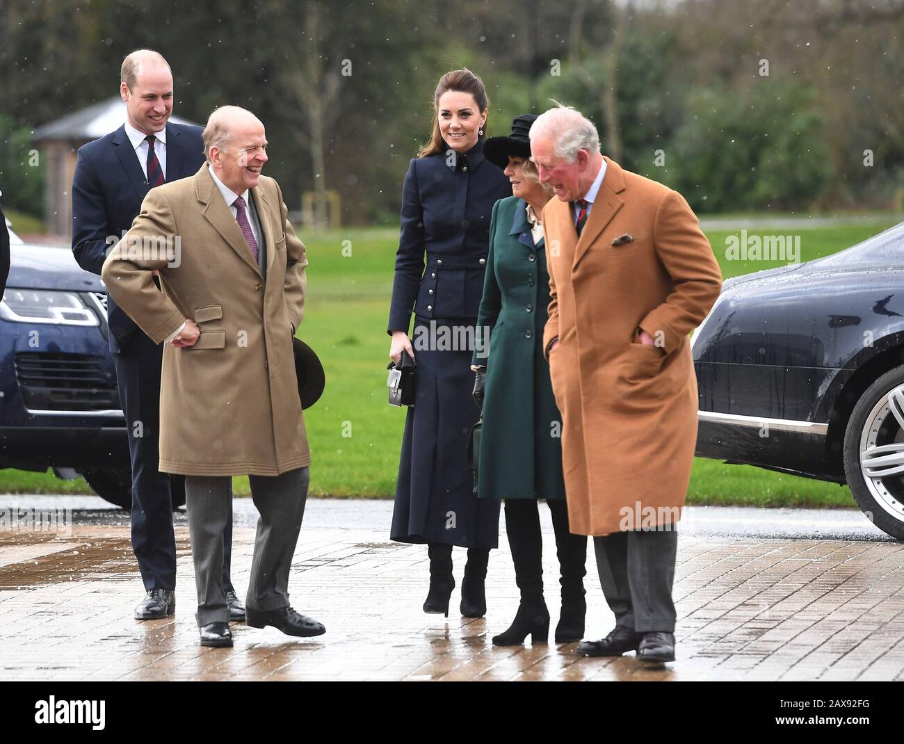 The Duke of Cambridge (left) with the Duchess of Cambridge, the Prince of Wales and the Duchess of Cornwall arriving at the Defence Medical Rehabilitation Centre Stanford Hall, Stanford on Soar, Loughborough for a tour of the inside of the centre and a reception with patients and staff. Stock Photo