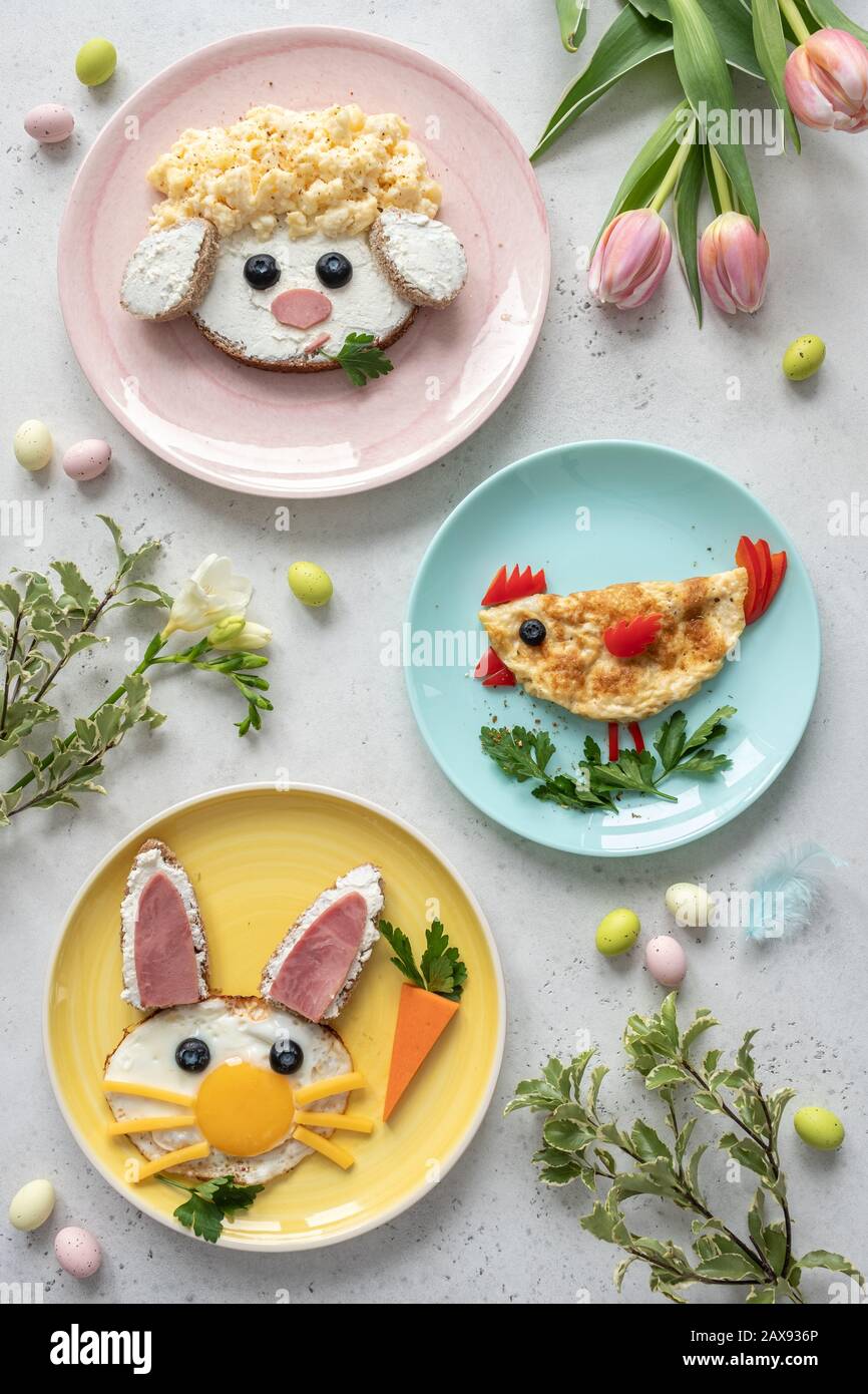 Colorful breakfast meal for kids. Funny Easter food art, top view Stock