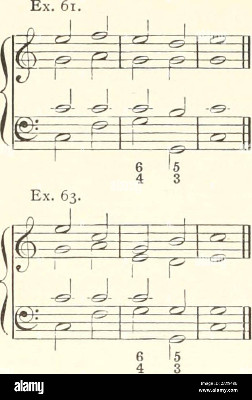 Harmony, with an appendix containing one hundred graduated exercises . CHAPTER VI. 73. It is now time that the bass only should be given to thepupil, and that he should be required to add the treble, alto, andtenor parts to it. There are three kinds of motion between any two parts :SIMILAR, when two or more parts proceed in the same direction ;contrary, when they move in opposite directions ; oblique,when one part is stationary and another moves, e.g.— Ex. 56. Ex. 57. ^jJVJ m *=?= f r-&gt; : ItIT ^ =*=:^ Ig^rrr.irT £» r-* Similar motion. Contrary motion. Ex. 58. I W^ =*=^ Oblique motion. In ad Stock Photo