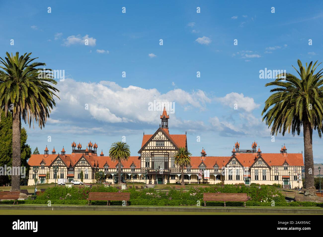 Bath House palm trees, museum, Rotorua, New Zealand Stock Photo