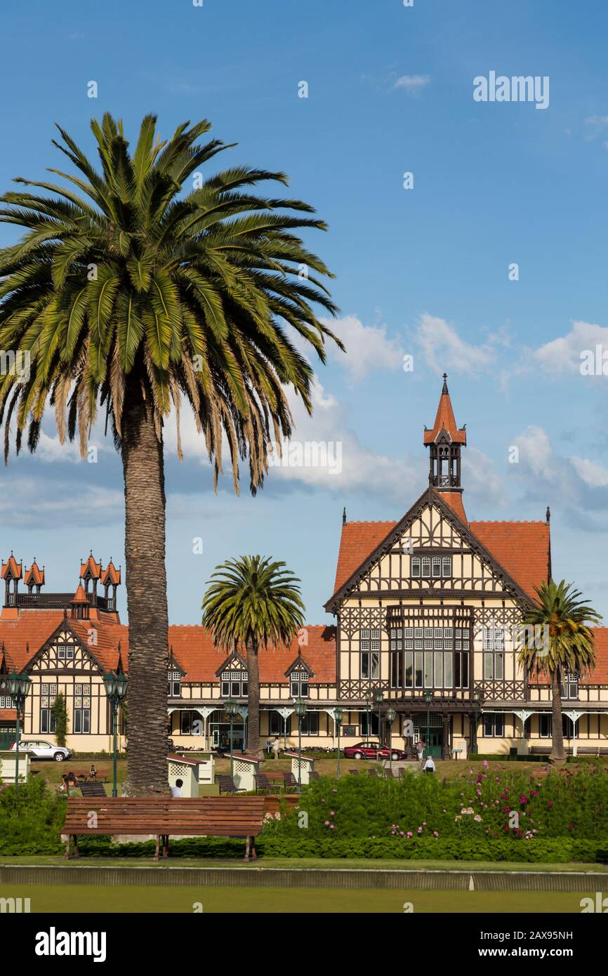 Bath House palm trees, museum, Rotorua, New Zealand Stock Photo
