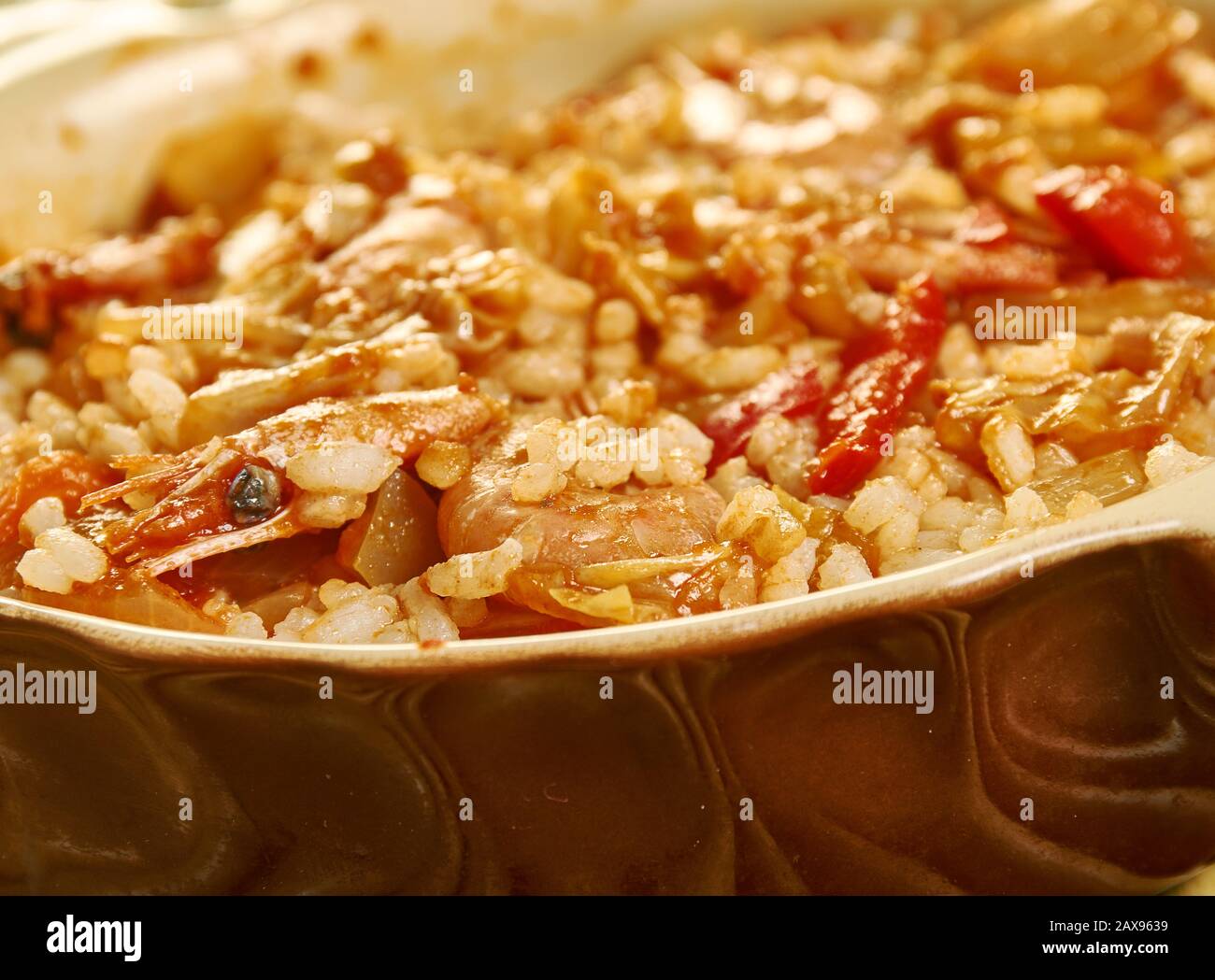 Prawn jambalaya, rice dishes, and its origins are in the traditional