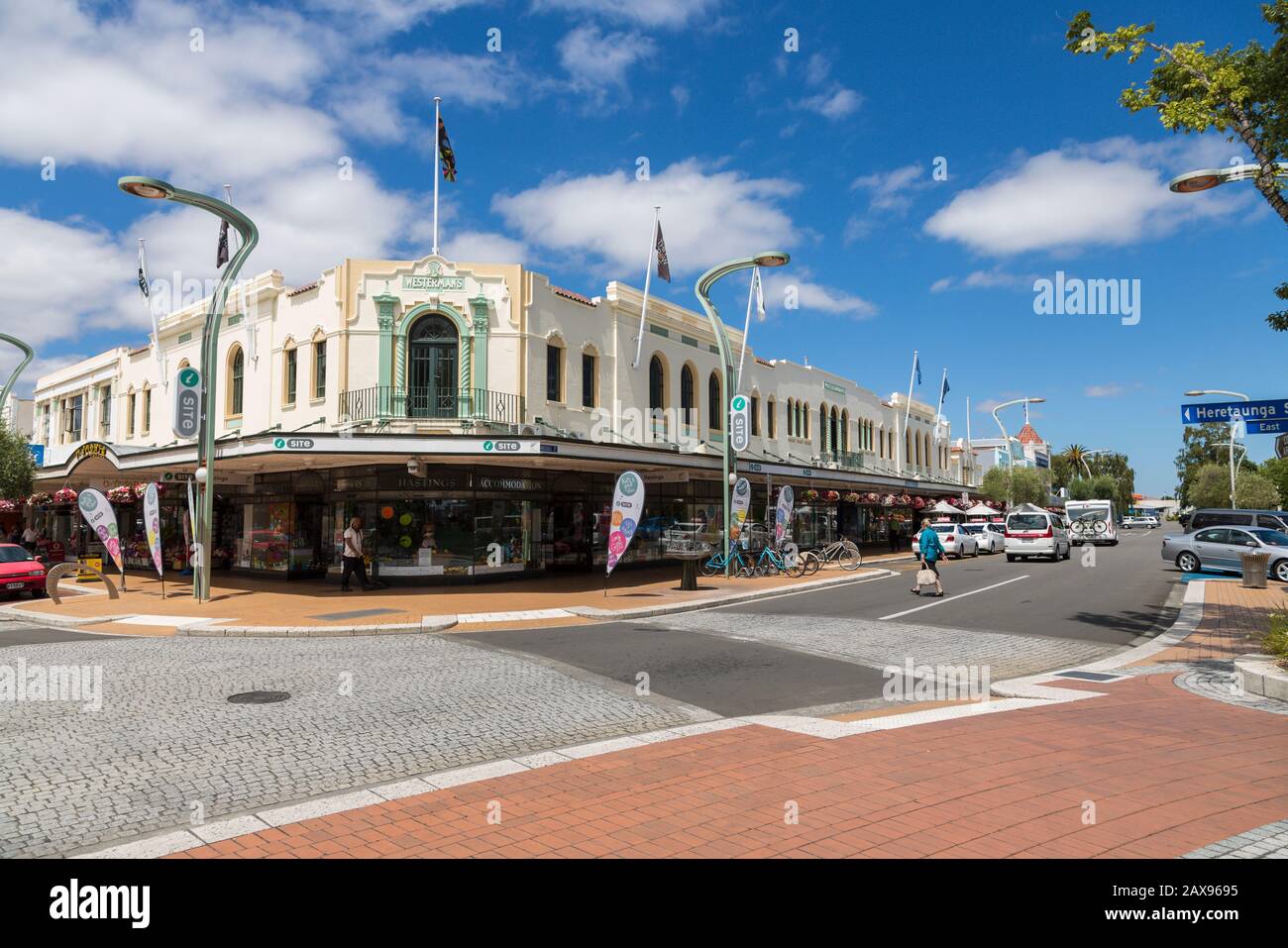 Traffic in Hastings town centre, New Zealand Stock Photo