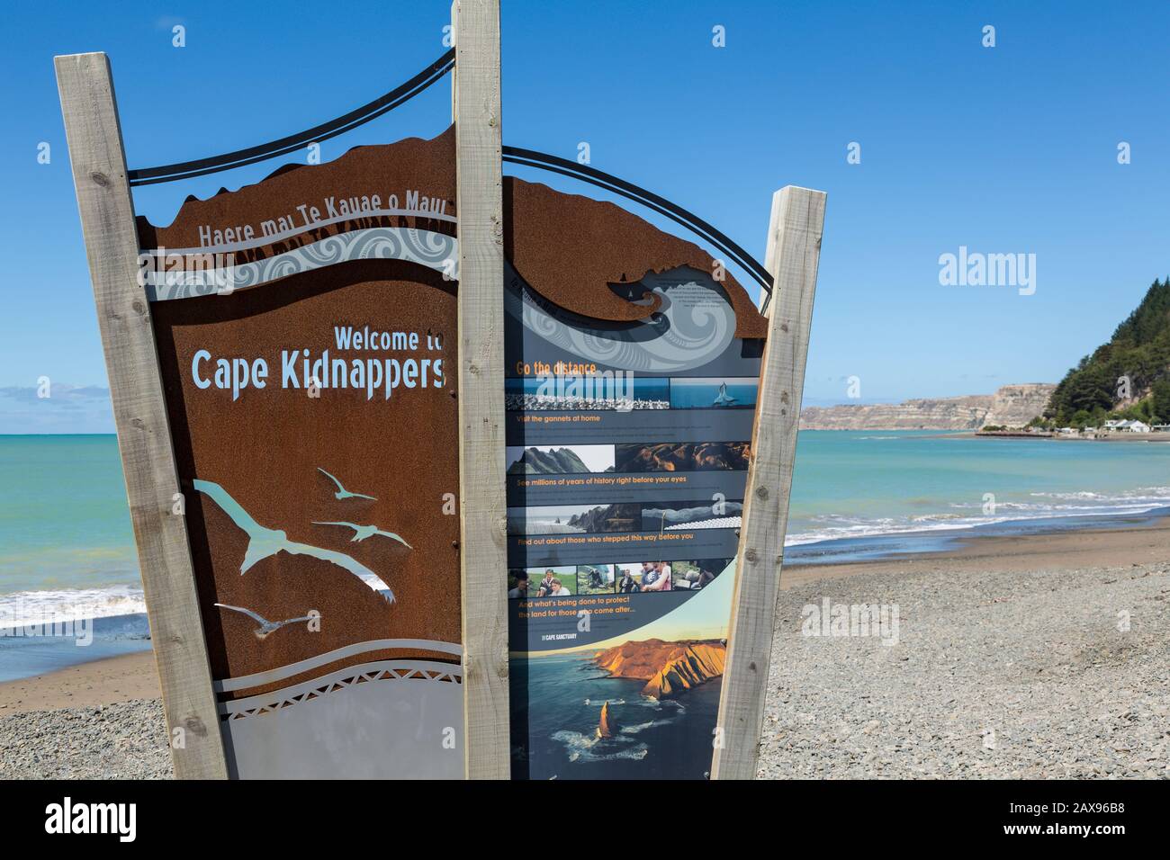 Cape Kidnappers welcome sign, North Island, New Zealand Stock Photo