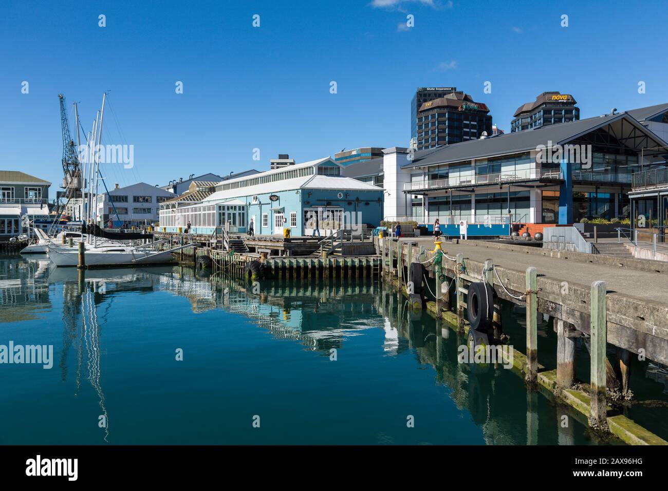 Wellington waterfront restaurants and boardwalk, New Zealand Stock Photo