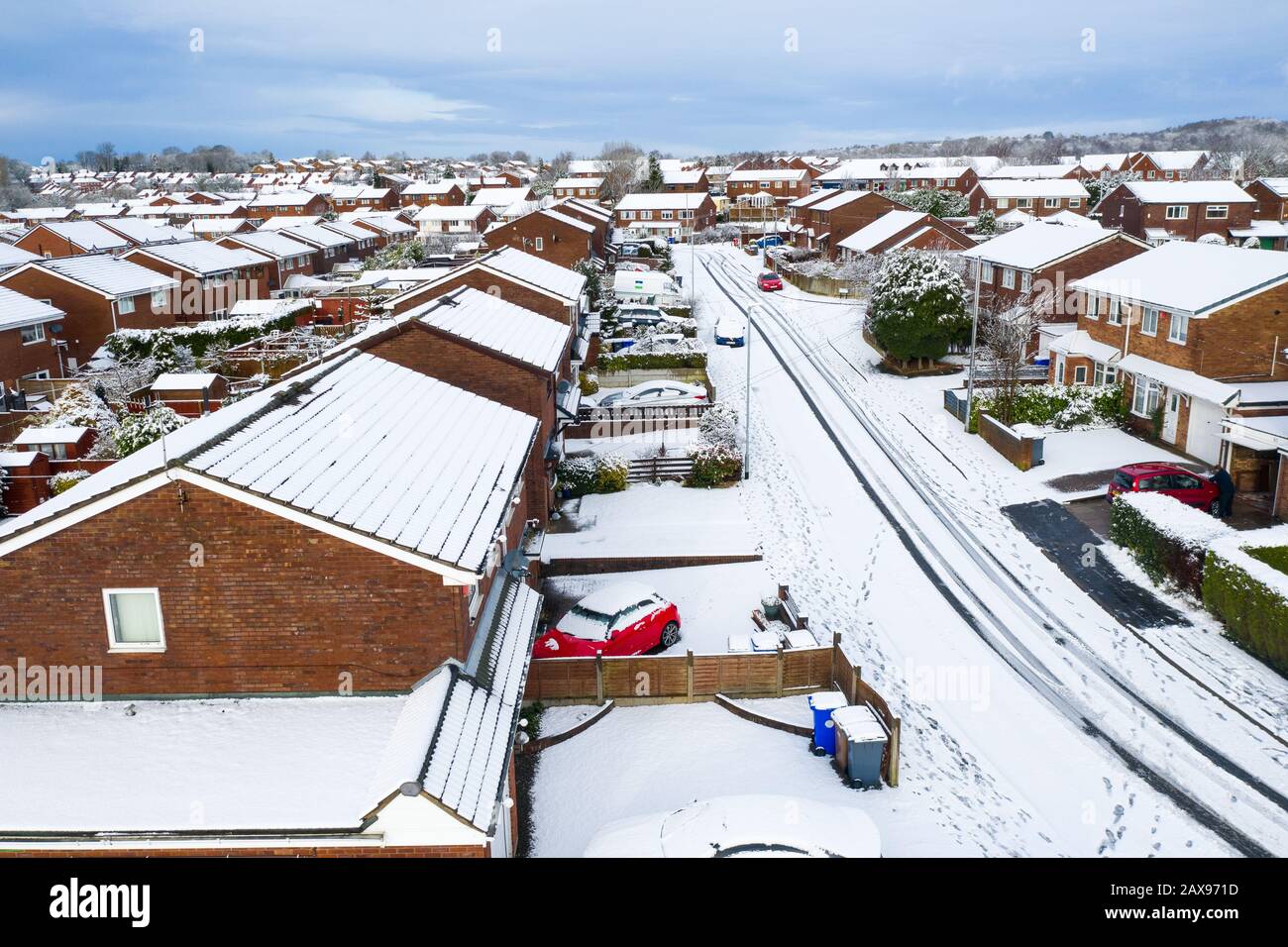 Aerial landscapes of Longton, Stoke on Trent covered in snow after a sudden storm came in. Heavy snowfall and snowy blizzards covering the city Stock Photo