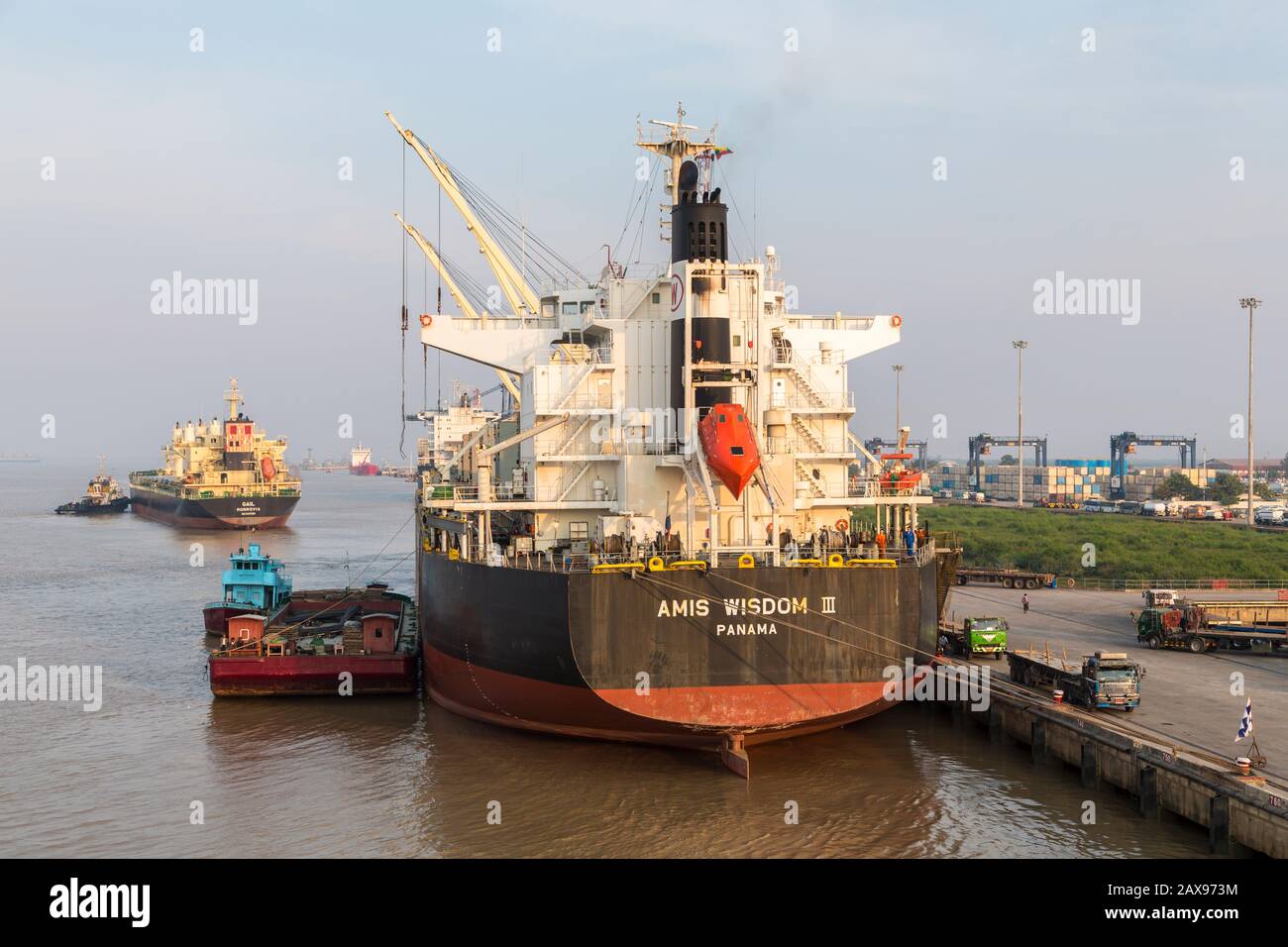 Shipping at port of Yangon, Myanmar Stock Photo
