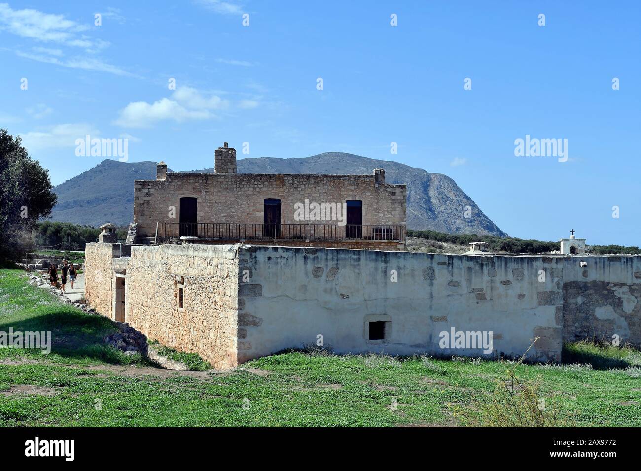 Chania, Greece - October 06, 2018: Unidentified tourists visit old monastery St. John the Theologian in ancient archaelogical site of Aptera in Crete Stock Photo