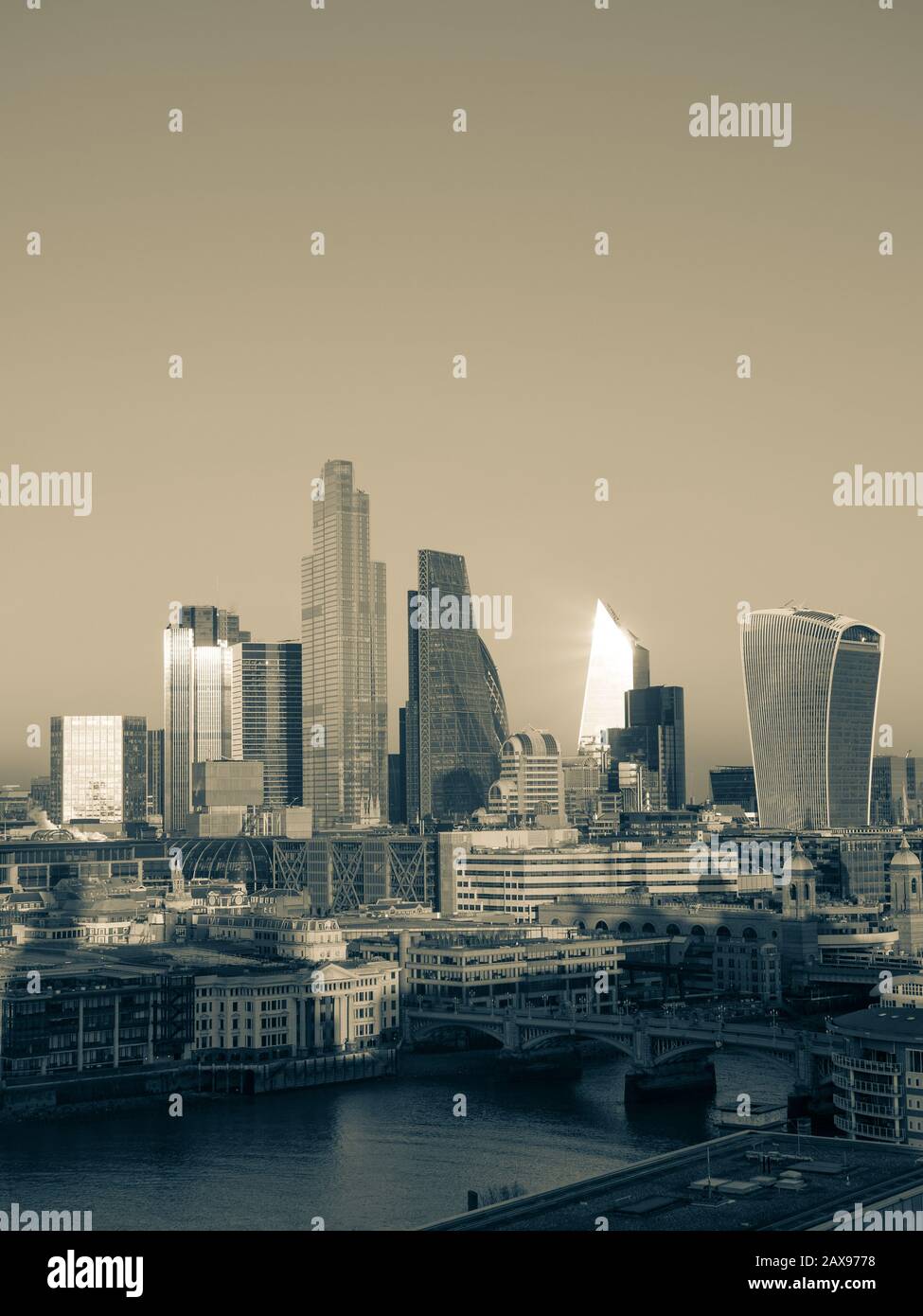 Black and White Landscape of Skyline of City of London, London, England