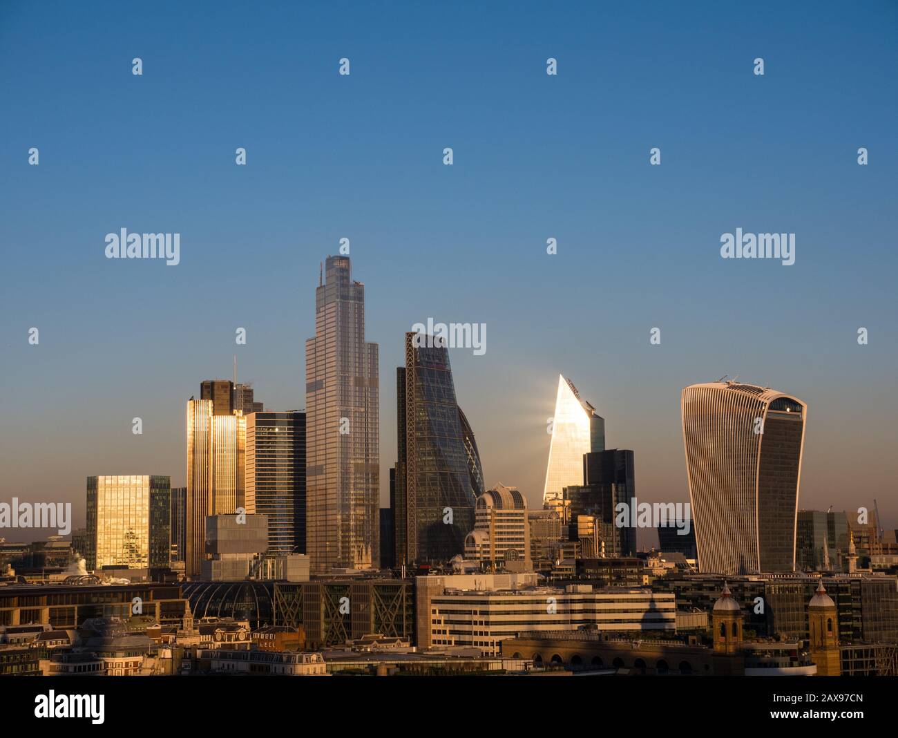 Last Light of The Day Hitting Skyscrapers, City of London, England, UK, GB. Stock Photo