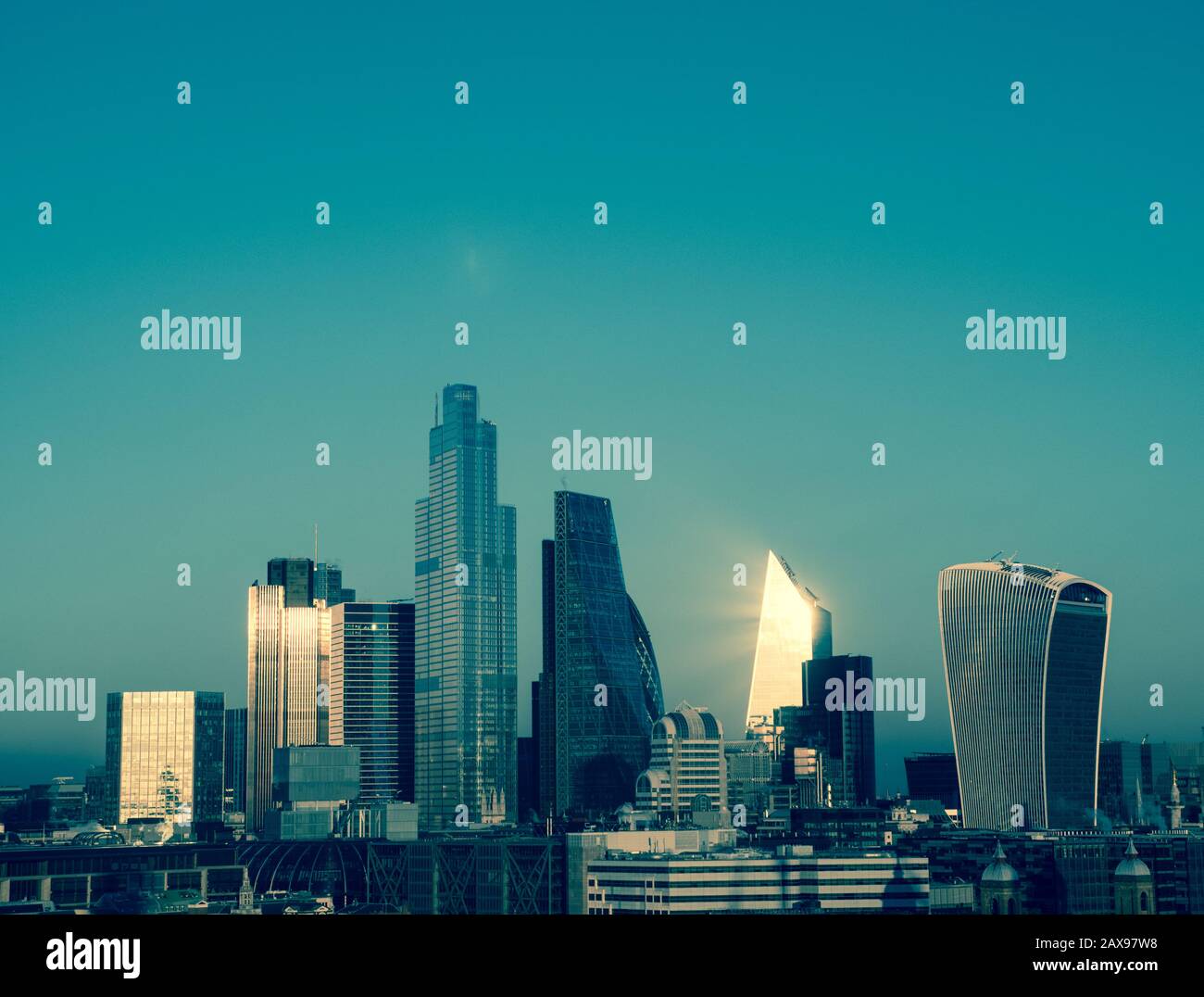 Sunset Sun Hitting Skyscrapers, Black and White City of London