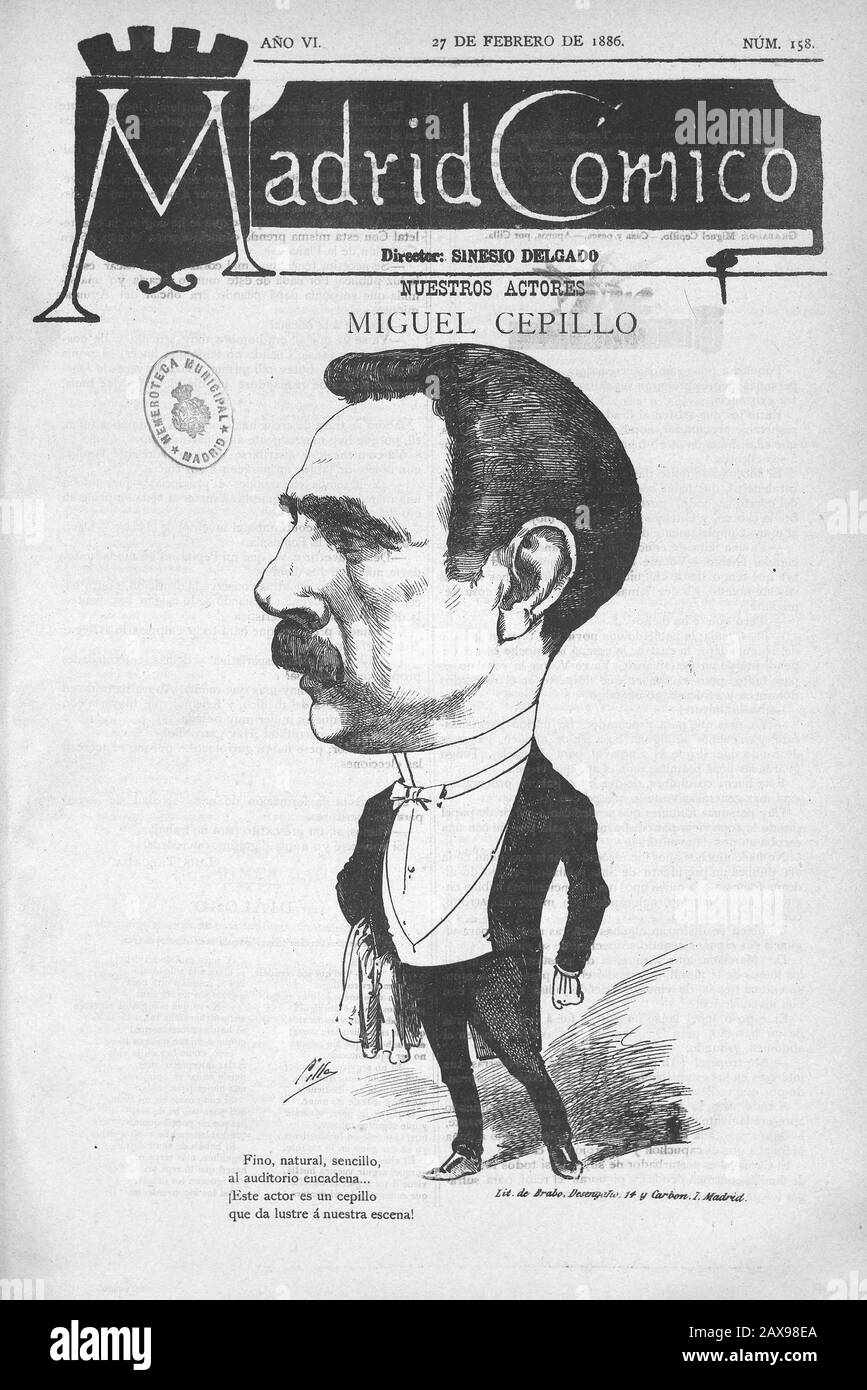 Español: Miguel Cepillo.; 27 February 1886; This is a retouched picture,  which means that it has been digitally altered from its original version.  Modifications: watermark removed. (1886-02-27). Nuestros actores. Miguel  Cepillo. Madrid