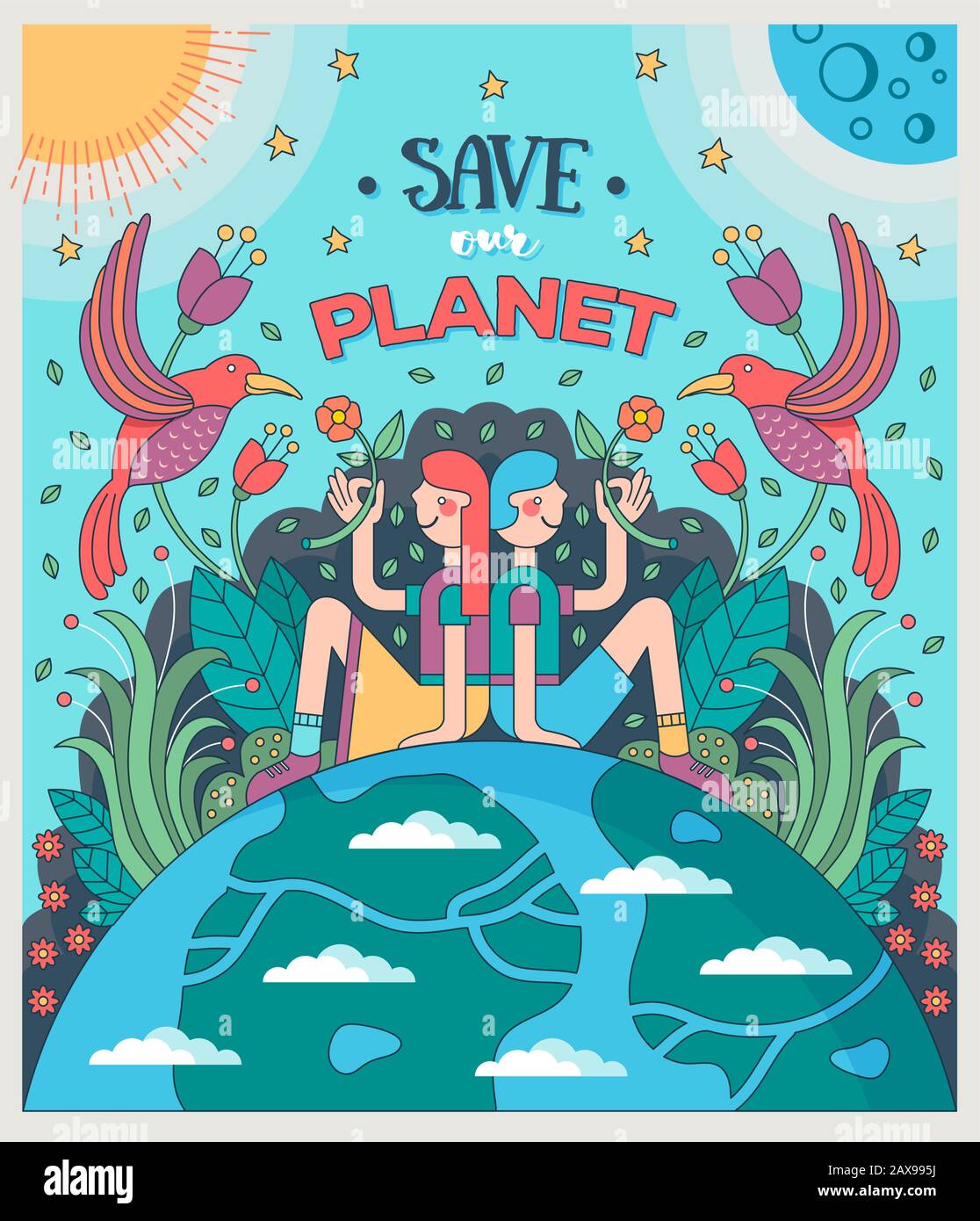 Save our planet. Girl and boy sitting on Earth offering flowers to birds, surrounded by plants, Sun and Moon. Conservation of nature, ecology concept. Stock Vector