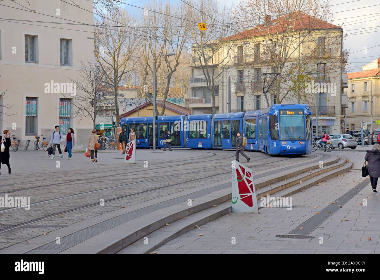 A Montpellier tram on the Quai des Tanneurs near the city centre, Montpellier, France Stock Photo