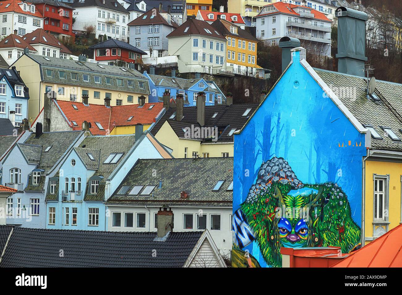 Scenic Bergen old town cityscape. Traditional wooden houses with tiled ...