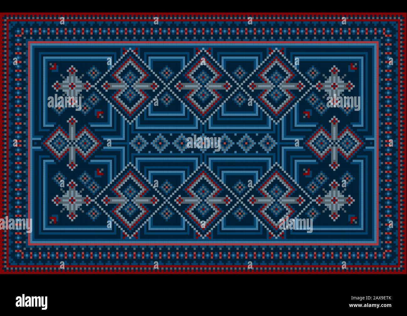 Vintage ethnic carpet with geometric ornaments in blue shades Stock ...